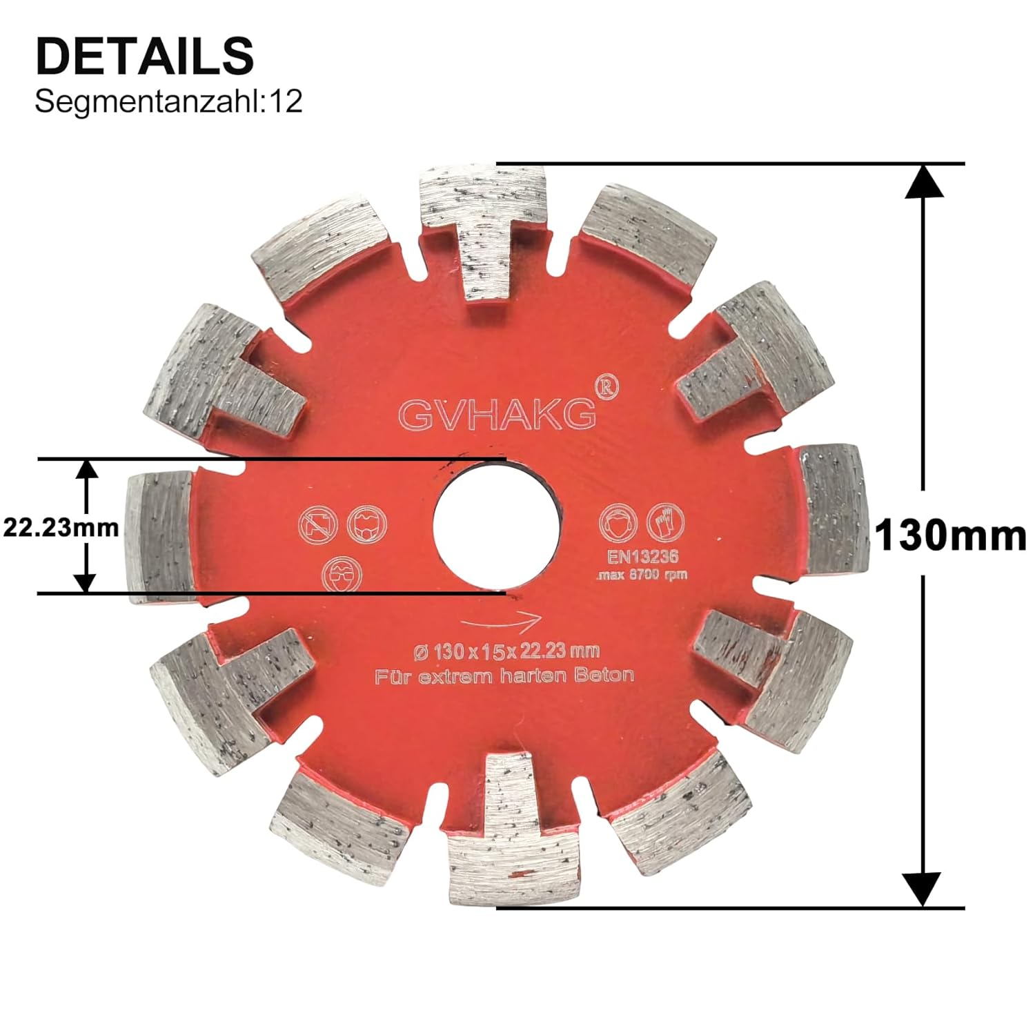 Detalle de GVHAKG Diamant-Frässcheibe 130 mm mit 12 Segmenten – Härter Estrich & Beton, 15 mm Breite