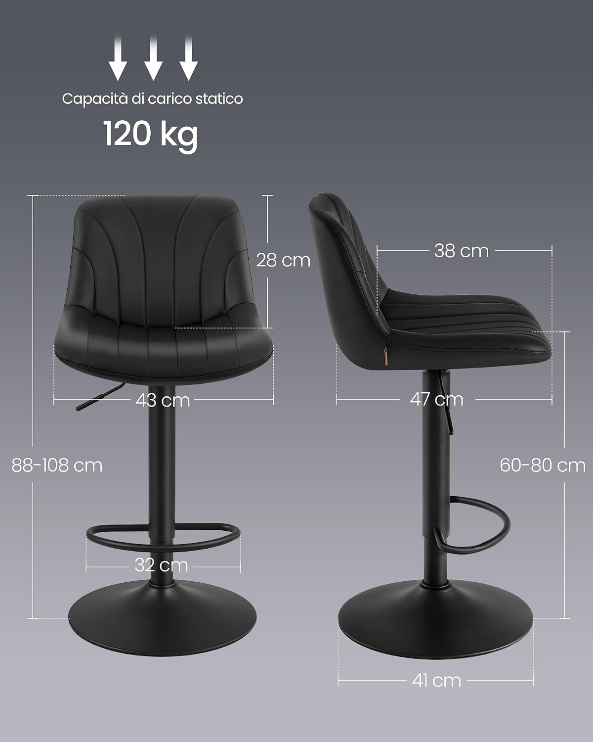 Detalle de VASAGLE Sgabelli da Bar con schienale e Poggiapiedi, Set di 2, Altezza Regolabile 60–80 cm, Girevoli a 360°, Nero Inchiostro LJB181BH01
