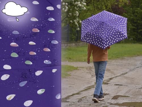 Detalle de iX-brella Raindrops Purple Automatik-Taschenschirm für Kinder – reflektierender Farbwechsel bei Nässe, leicht und kompakt