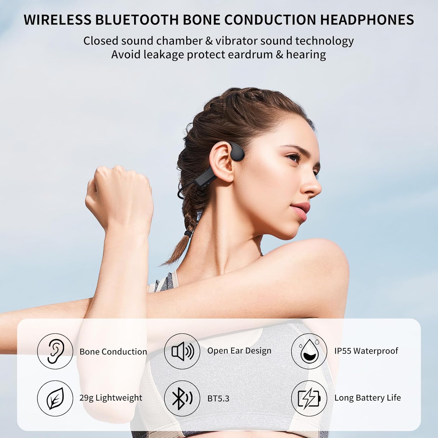 Thumbnail 2 de Casque conduction osseuse Bluetooth avec micro open ear étanche IPX55 – pour course, sport et cyclisme (noir)