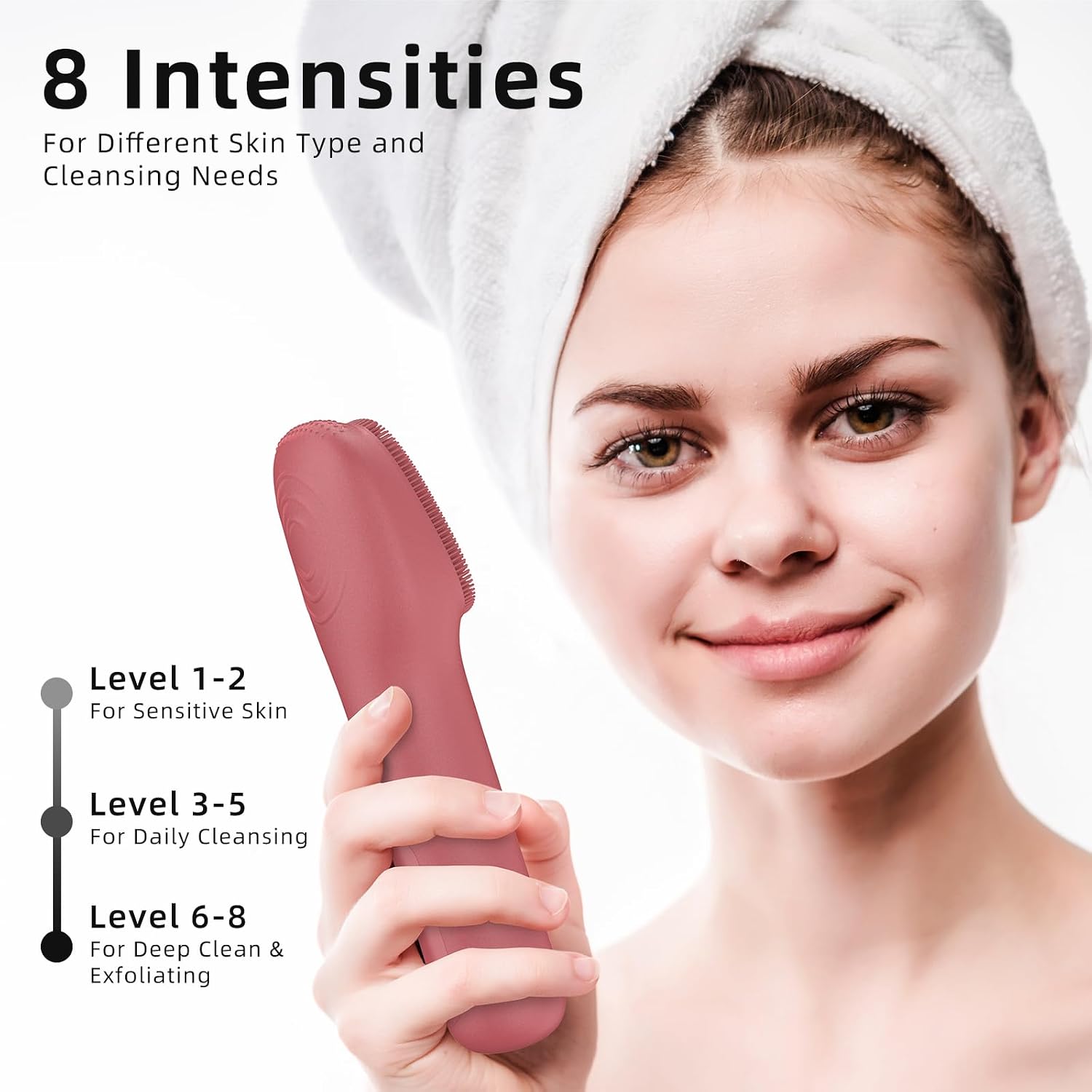 Detalle de Facial Cleansing Brush (Red) – Soft Exfoliating Silicone Face Wash Brush with 3 Modes, 8 Intensities, Type-C Rechargeable