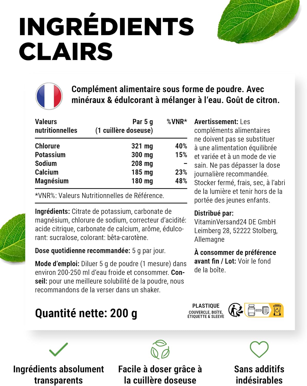 Detalle de Electrolytes 200 g (40 portions) – Hydratation sans sucre au citron, chlorure/potassium/sodium/calcium/magnésium