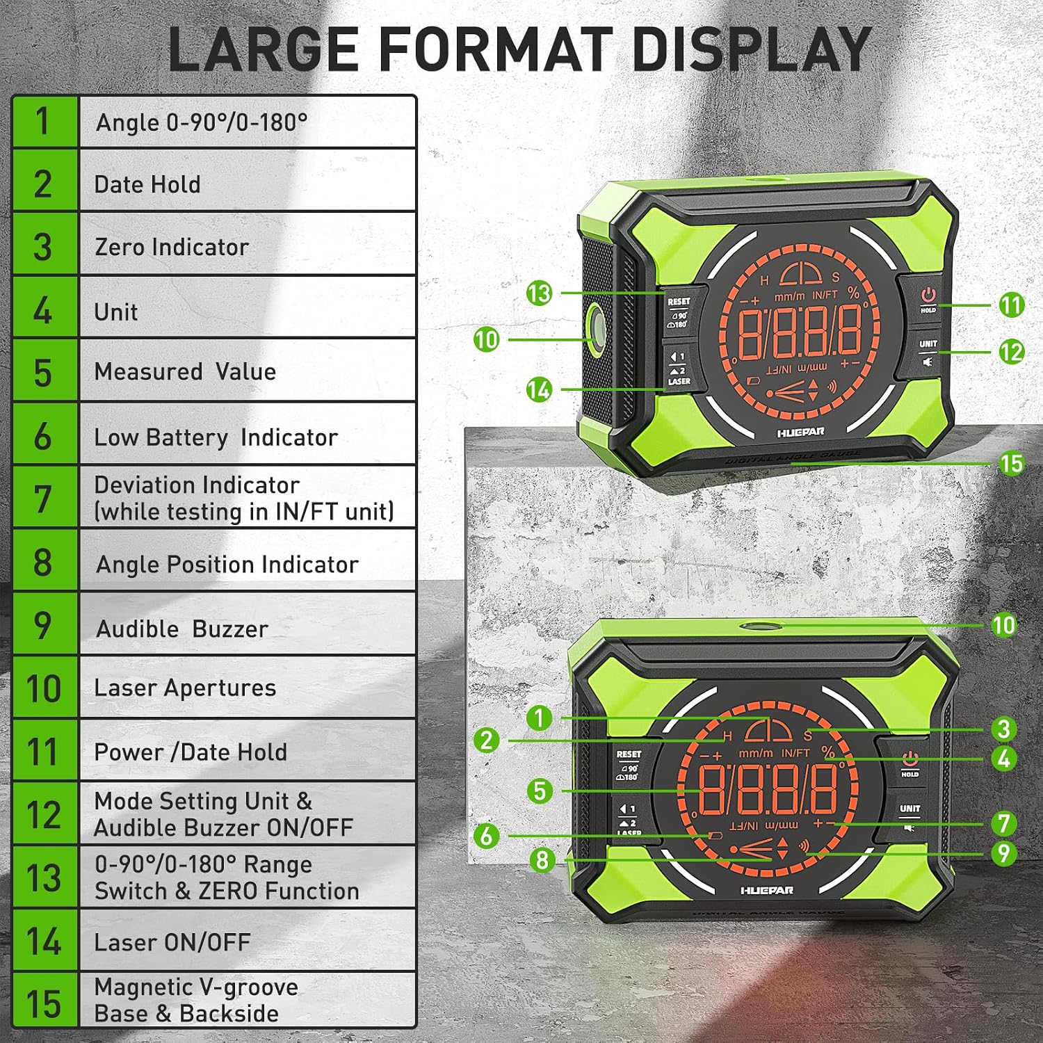 Detalle de Huepar Rechargeable Digital Angle Finder with Laser, 2×180°/4×90°