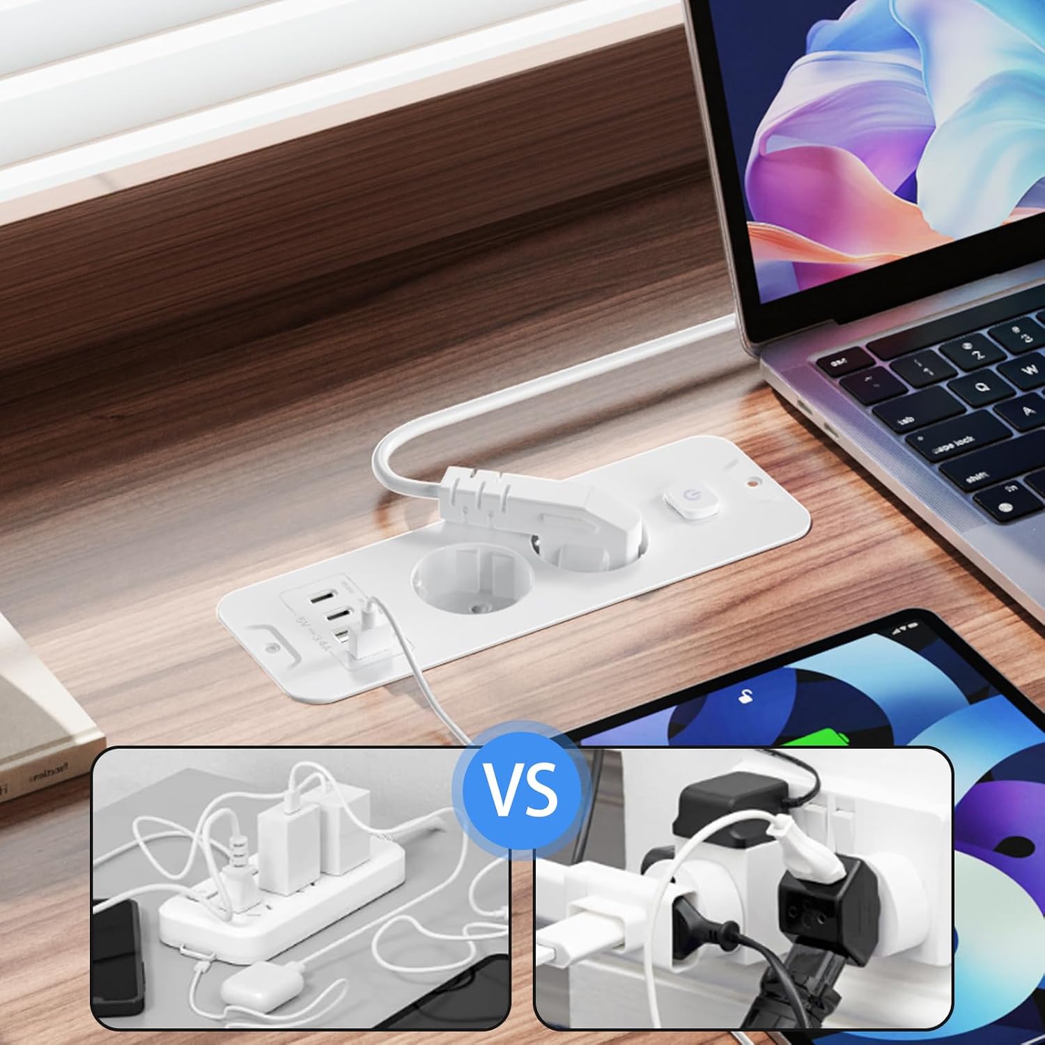 Detalle 2 de Versenkbare 2-Fach Steckdosenleiste mit USB: Einbausteckdose für Tischplatten mit 2 USB-C/2 USB-A inklusive 2 m Kabel