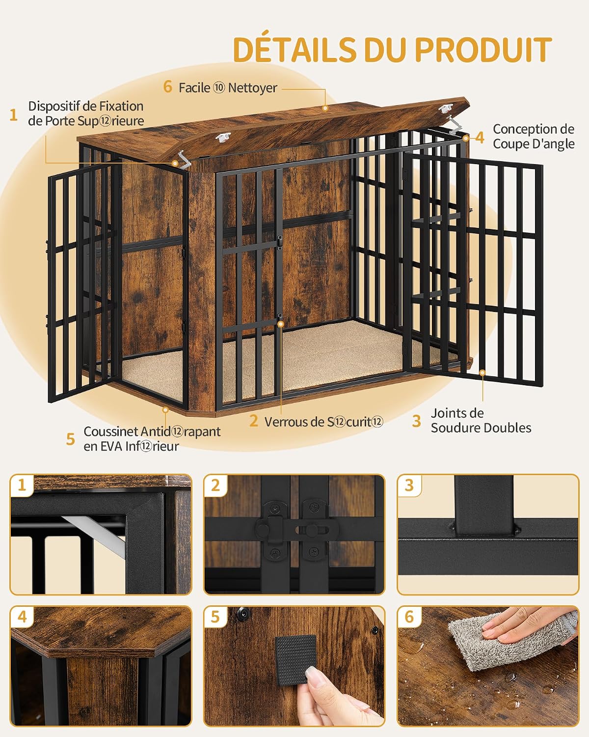 Thumbnail 6 de Hzuaneri DFC86801B Cage pour chien en bois lourde avec portes multiples et ouverture supérieure
