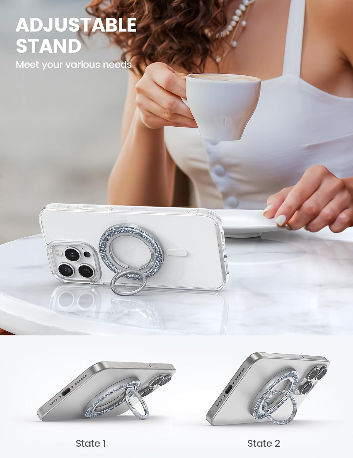 Detalle de Lamicall Bling Magnetic Phone Ring Holder for MagSafe (Silver) – 360° rotating MagSafe grip stand