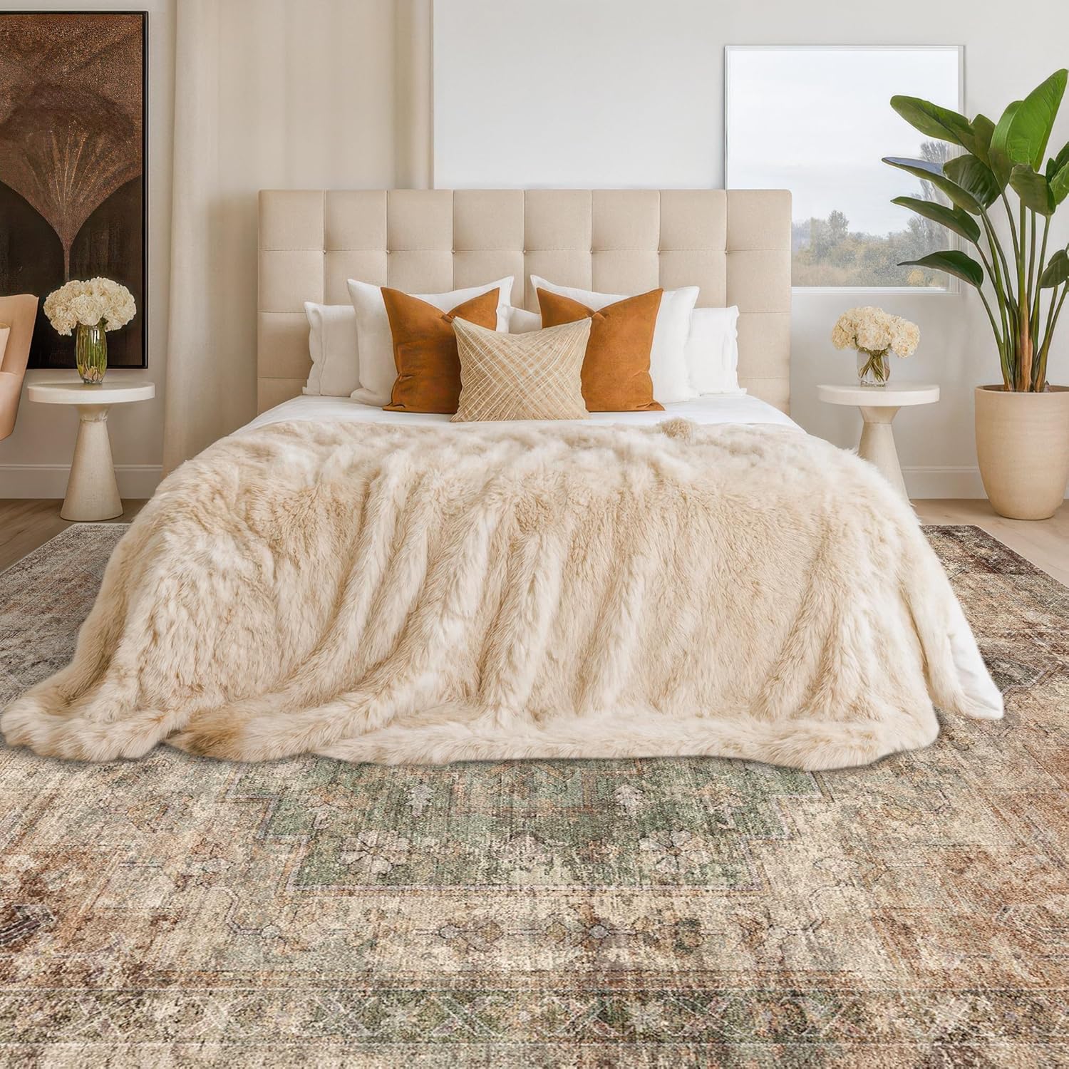Thumbnail 3 de Hazo Haus Farmhouse Area Rug 8x10 (Brown & Green) — Washable, Non-Slip, Soft Low-Pile Floor Rug