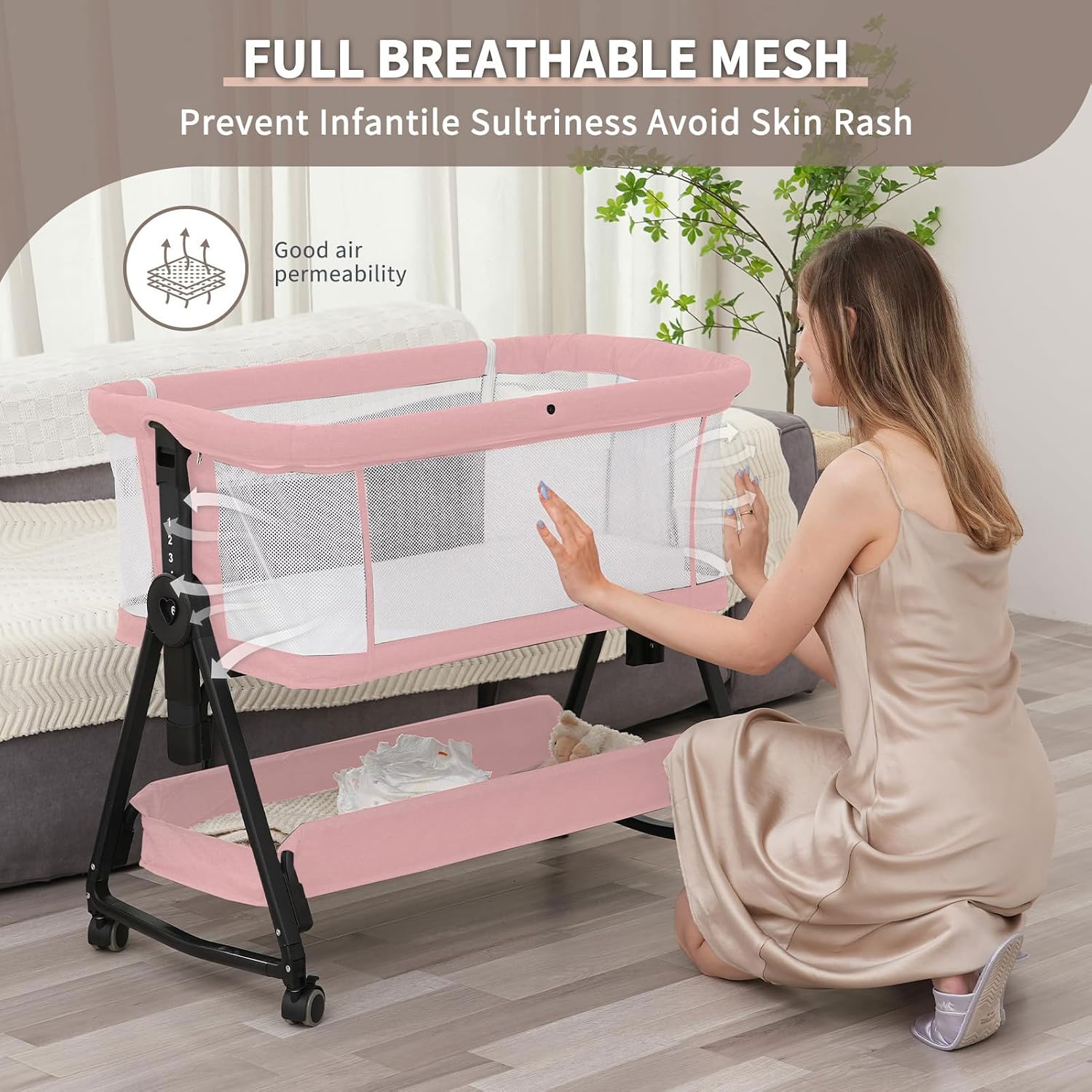 Detalle de Jestonten JJ001 3-in-1 Bedside Bassinet, 7 Height Settings, Pink