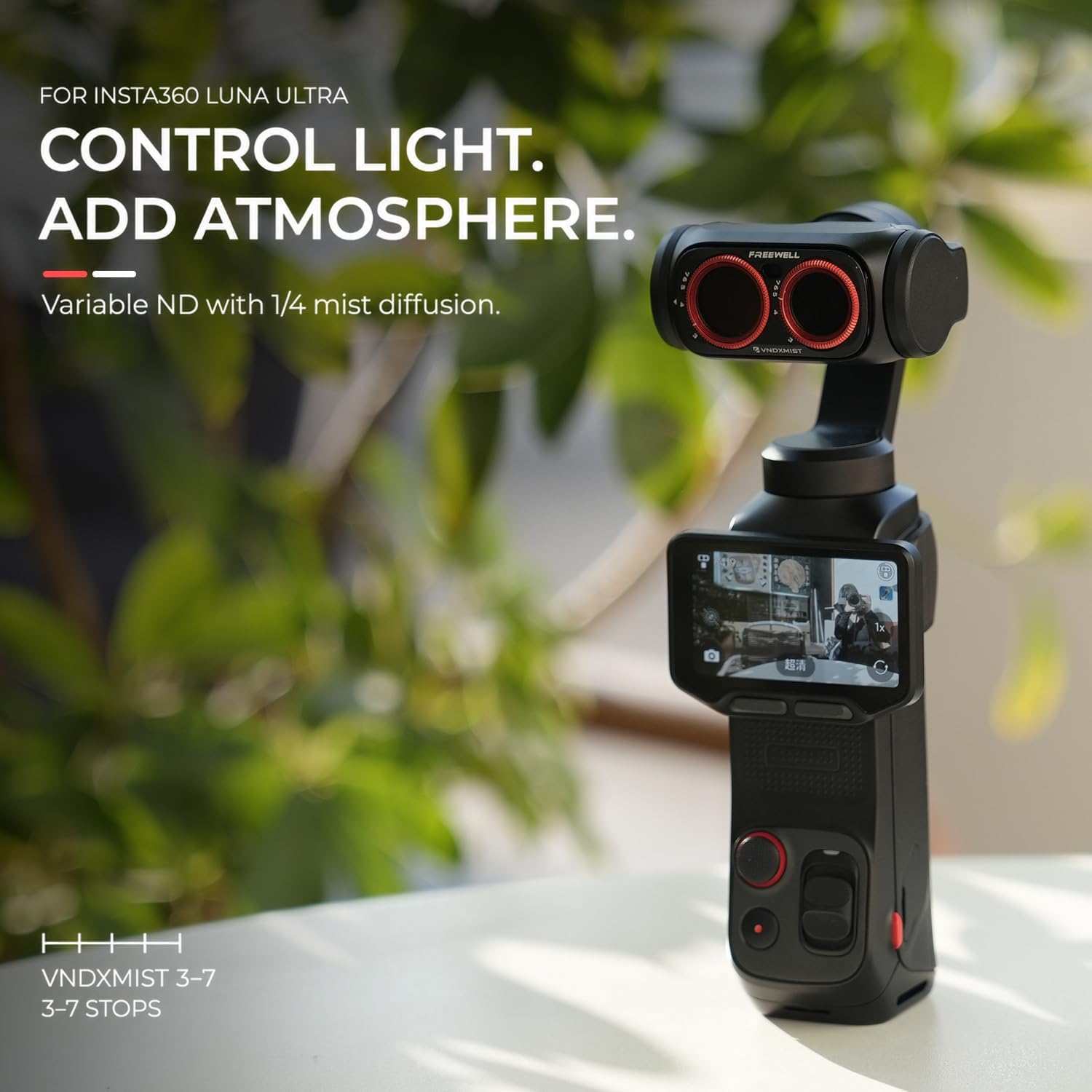 Detalle 2 de FREEWELL VNDXMIST – filtr VND z dyfuzją mgły do Insta360 Luna Ultra, 3–7 stopni