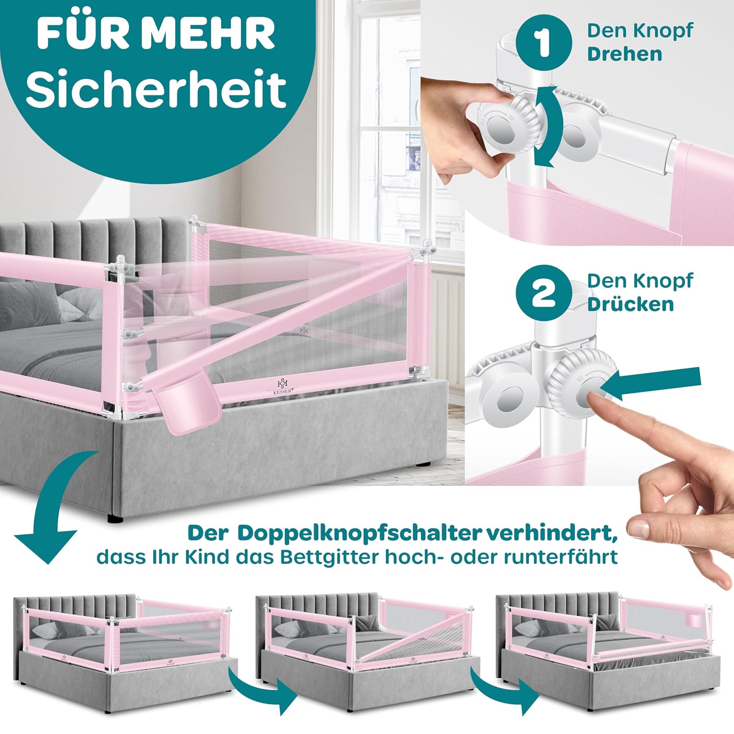 Detalle de KESSER® Bettschutzgitter 180 cm Höhe 72–96 cm