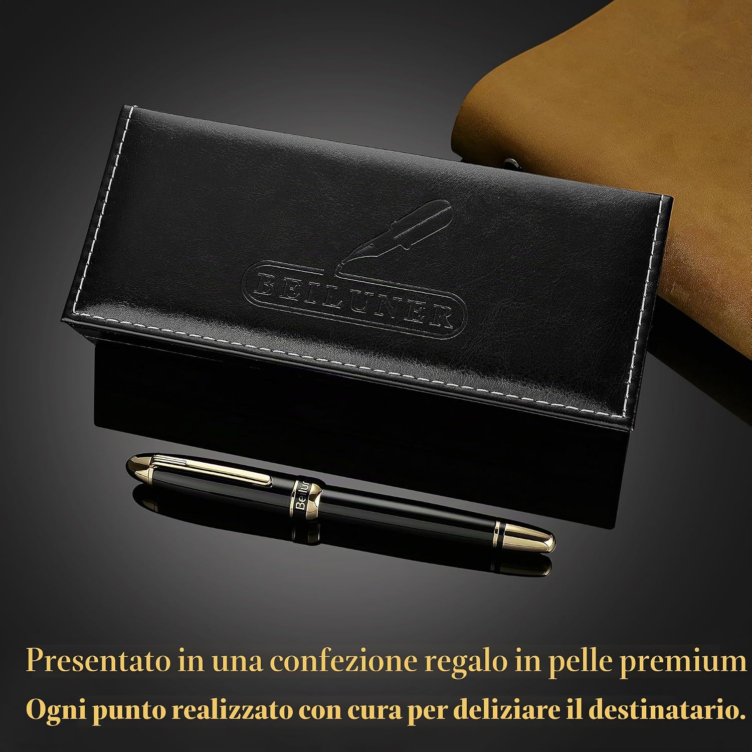 Detalle de BEILUNER 315 Penna Rollerball di Lusso – finitura Oro 24K, laccatura piano nera, set regalo per professionisti