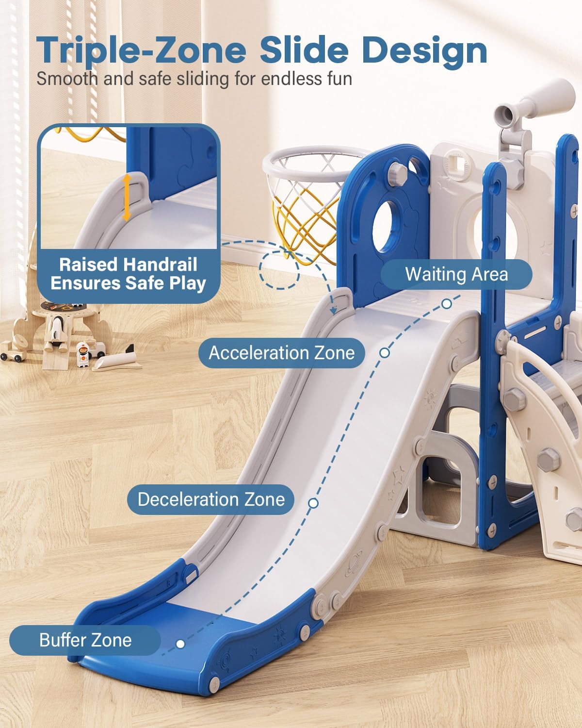 Detalle de Babytronic 6-in-1 Toddler Slide: Indoor/Outdoor Climber with Basketball Hoop and Telescope