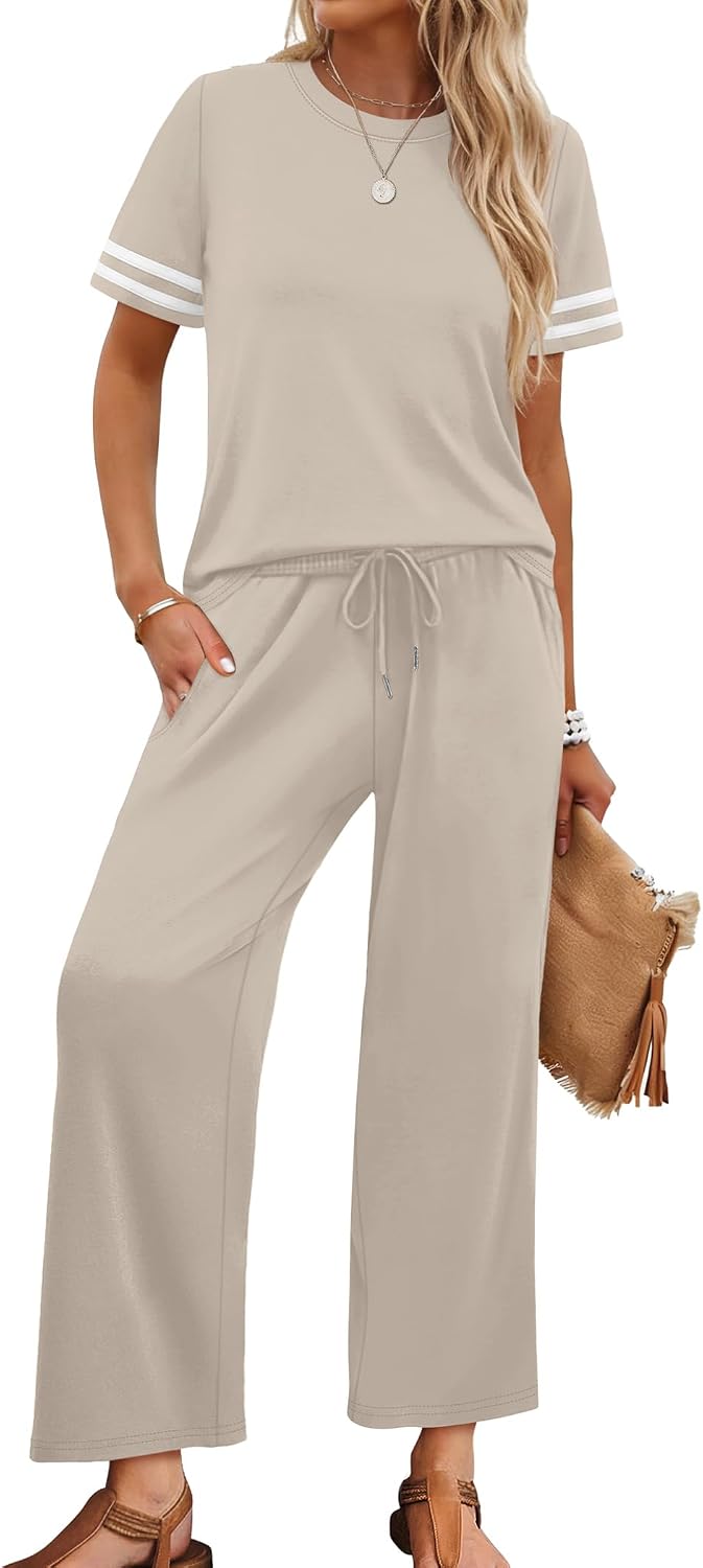 Thumbnail 3 de WIHOLL Two-Piece Lounge Set for Women: Striped Short-Sleeve Top & Wide-Leg Pants