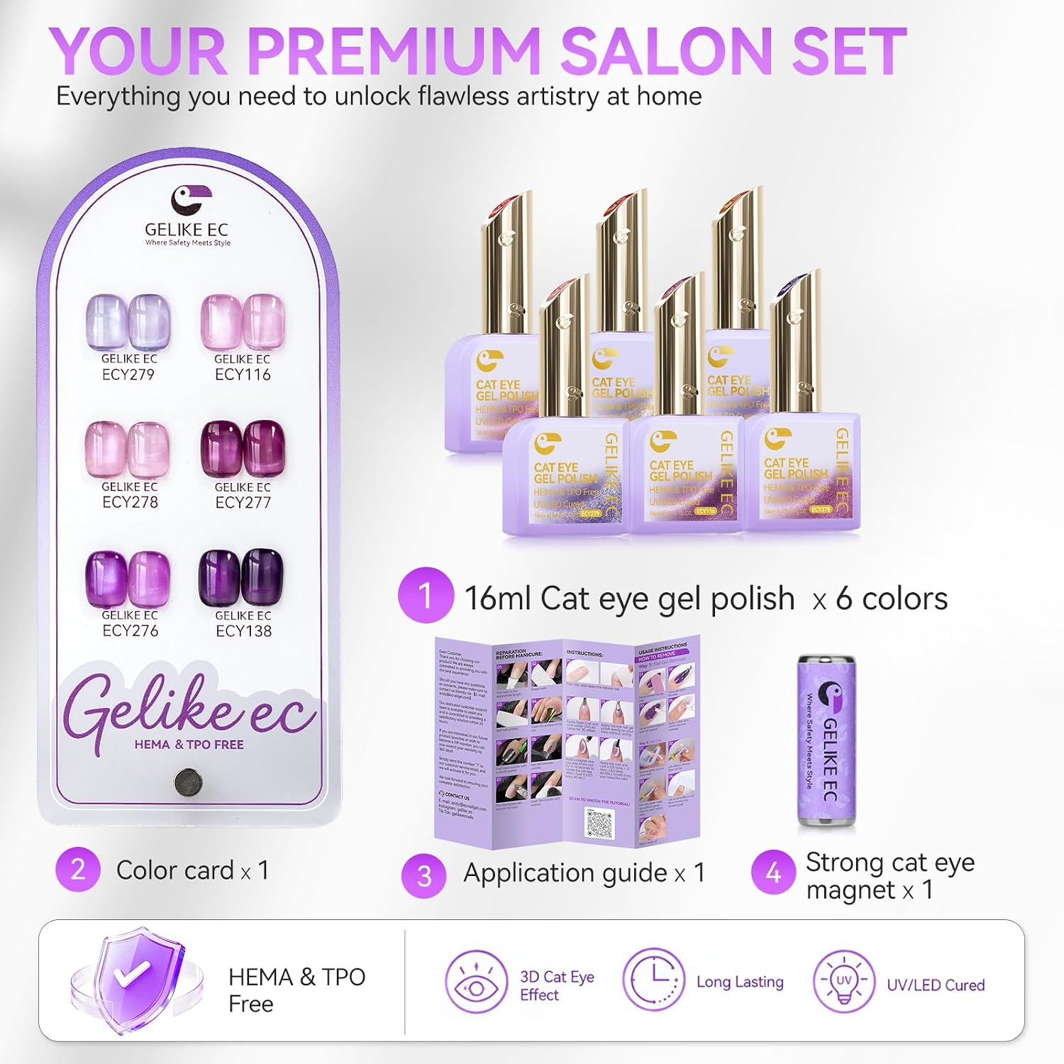Detalle 2 de Gelike EC Cat Eye Gel Nail Polish Kit, 6 Colors