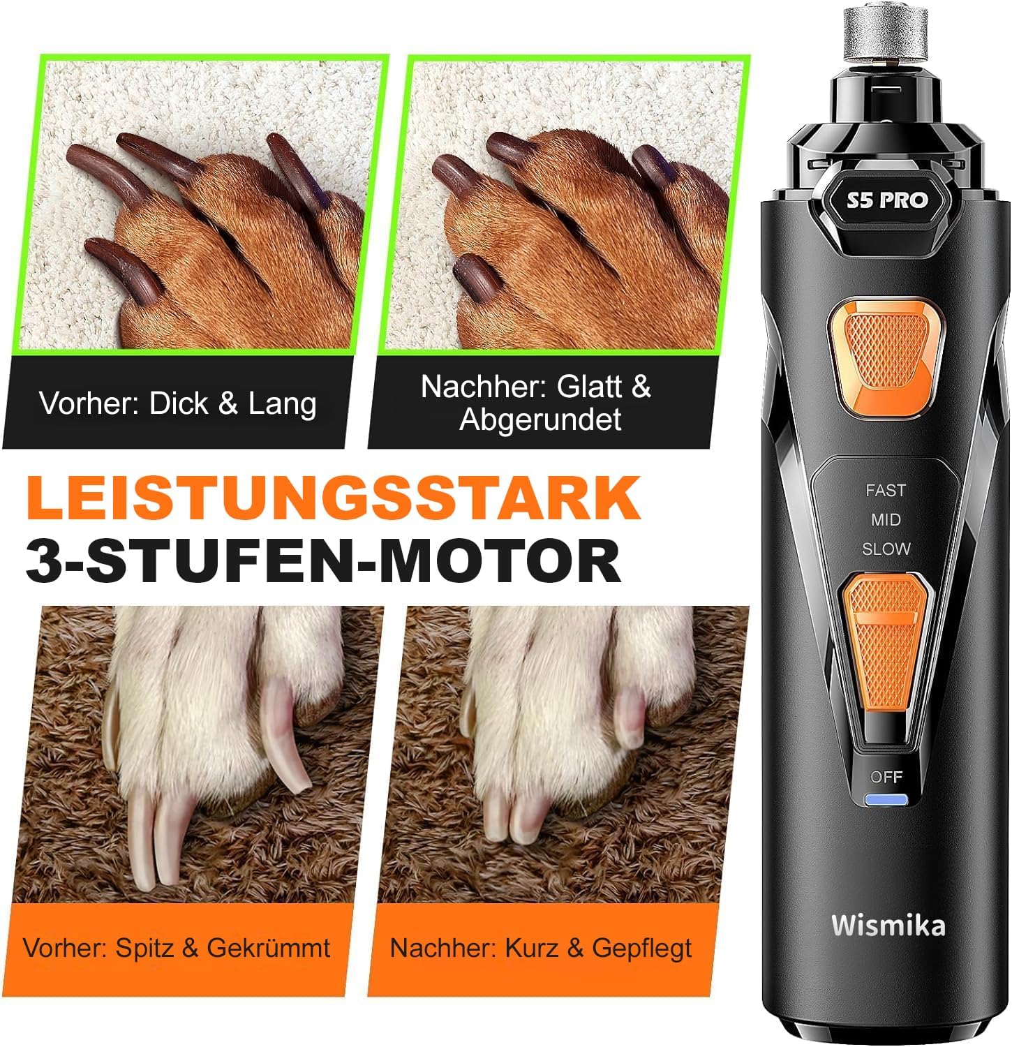 Detalle 2 de Wismika Krallenschleifer für Hunde – leise, mit 4 LED-Leuchten und 3 Geschwindigkeiten