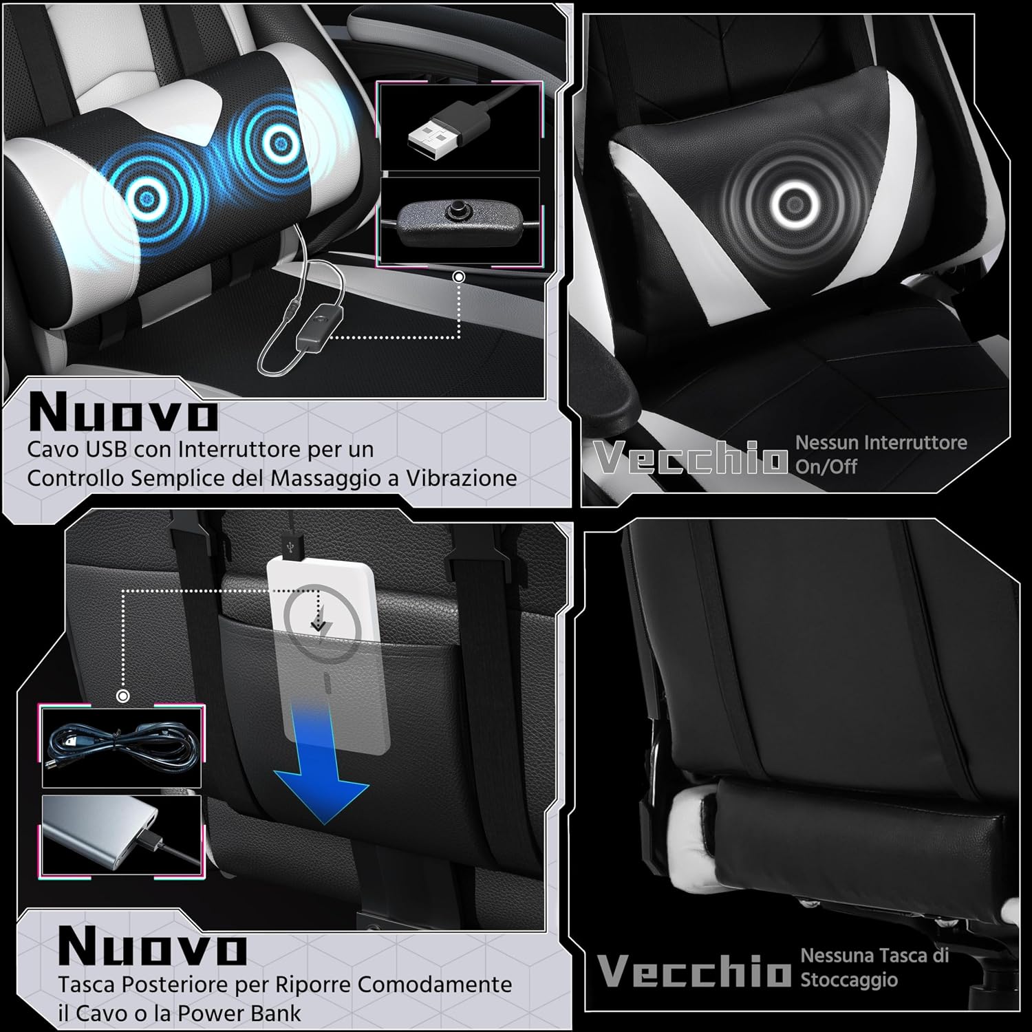 Thumbnail 4 de Yaheetech sedia da gaming ergonomica massaggiante con poggiapiedi reclinabile e supporto lombare