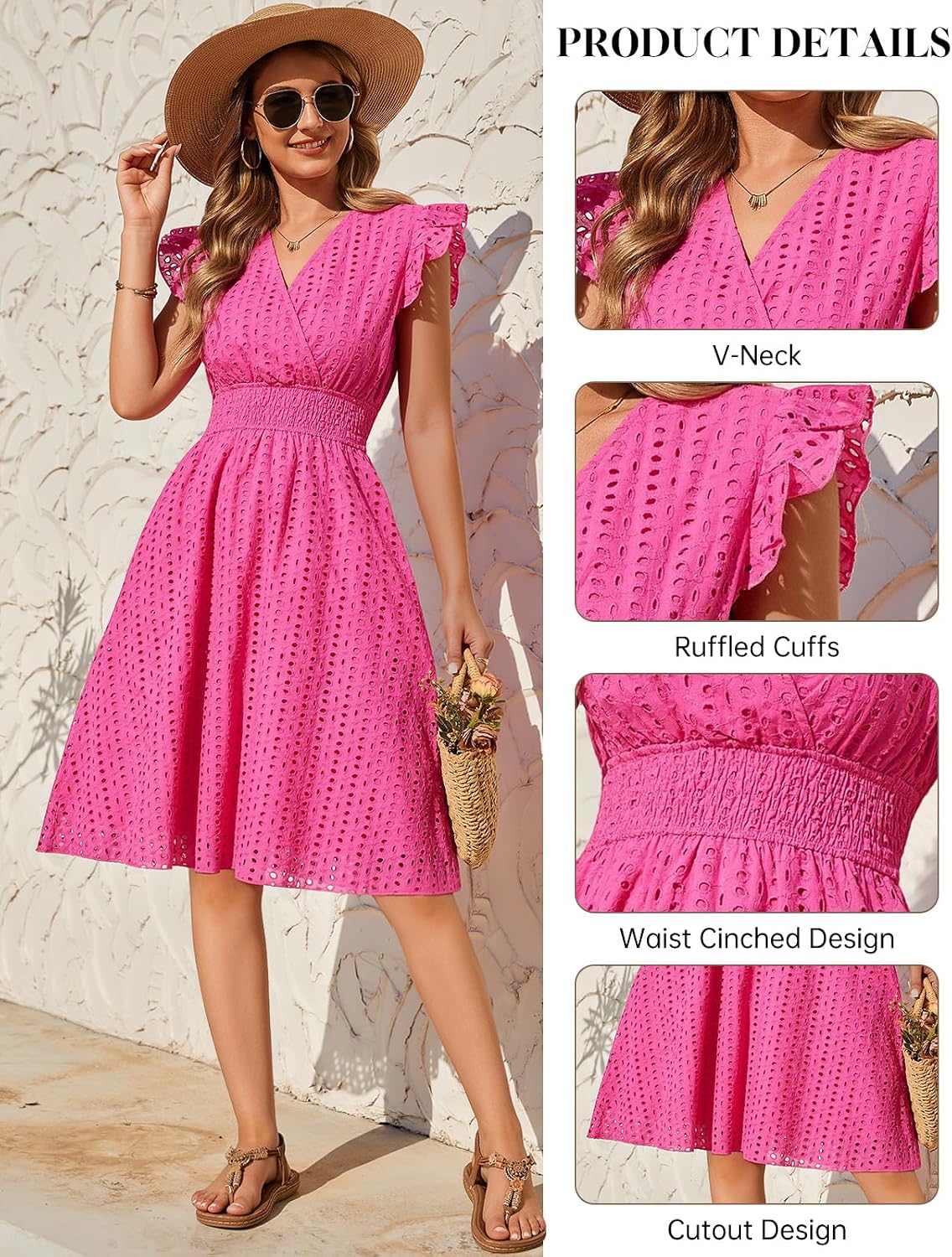 Detalle 2 de PASUDA Sommerkleid Damen Baumwolle – V-Ausschnitt, Rüschenärmel, Wickelbund mit Taschen