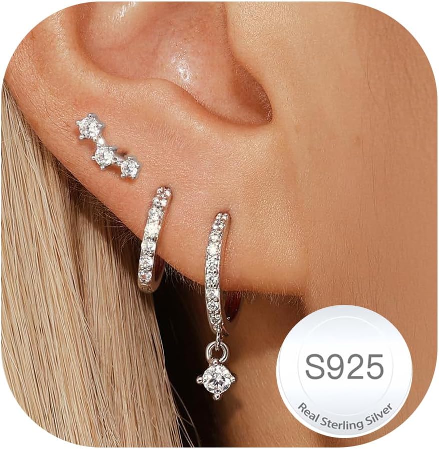 Detalle de Halora Silver Earrings for Women: 8 Styles in 3-Pair Sets – 925 Sterling Silver Hypoallergenic Studs & Hoops