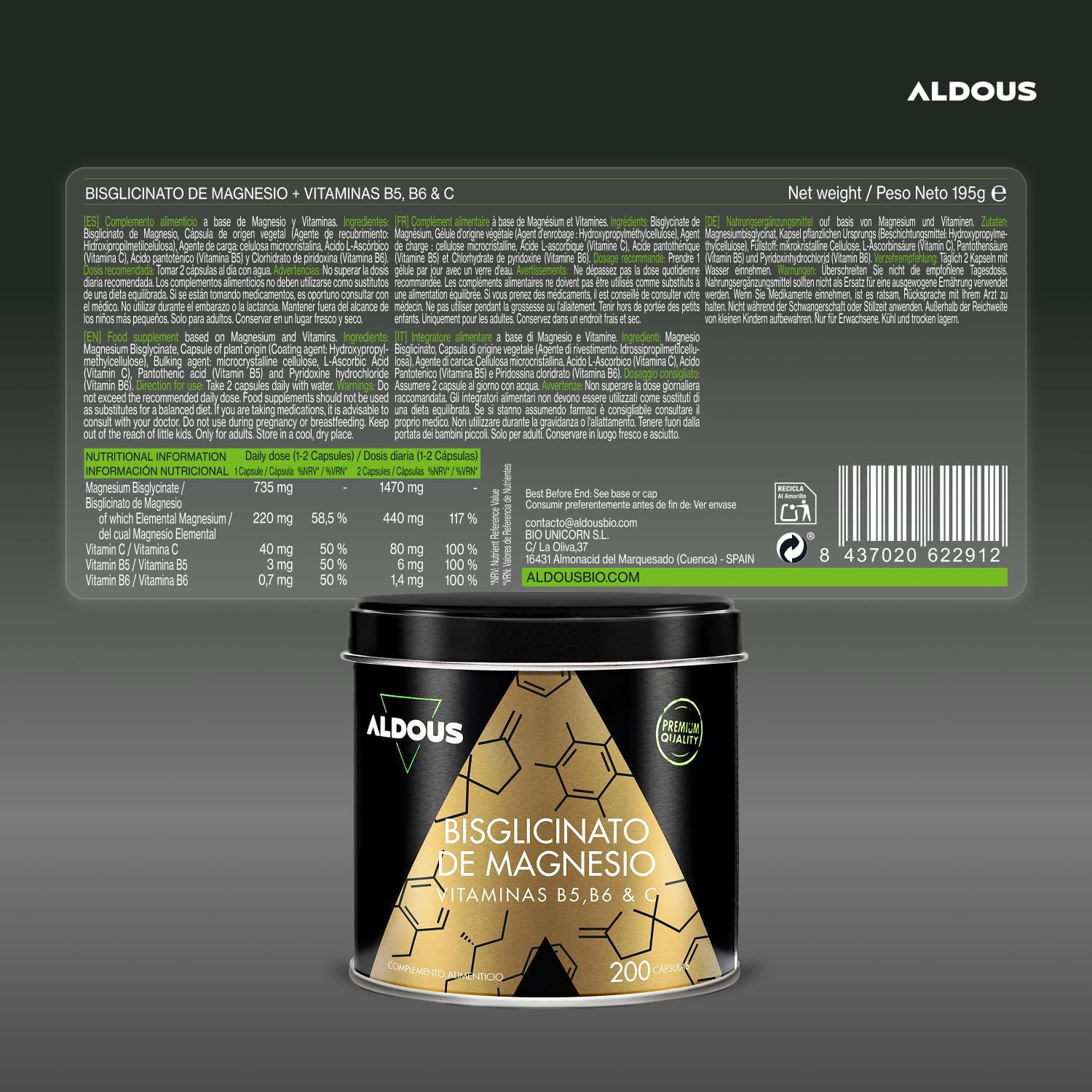 Detalle 2 de Magnesio Bisglicinato -200 Cápsulas- Vitamina C de Aldous Bio