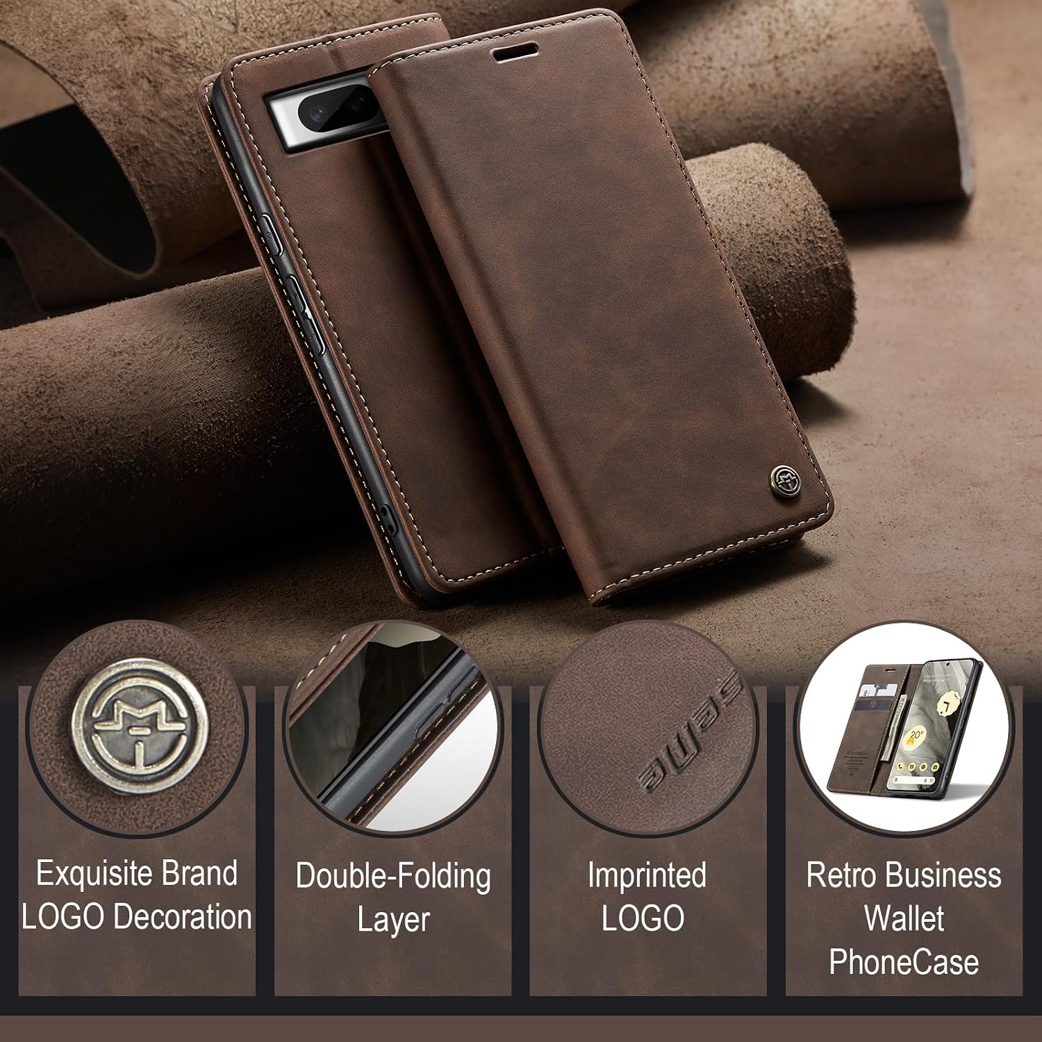 Detalle 2 de Cracedily Handyhülle für Google Pixel 8 – Klapphülle aus PU mit Kartenfach, Magnetverschluss und Standfunktion