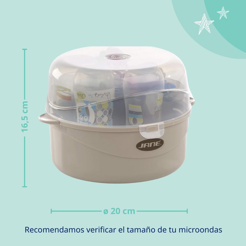 Detalle 2 de Stérilisateur micro-ondes Jané pour 6 biberons, avec panier tétines et pince, sans BPA (gris)