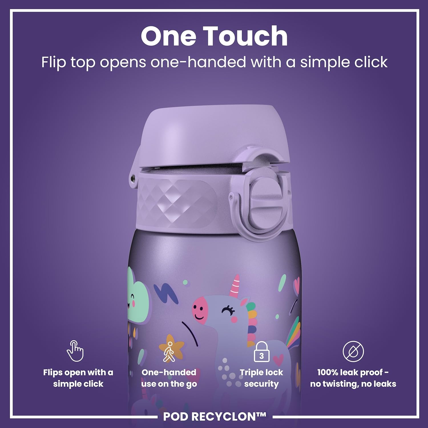 Detalle de Ion8 Small Water Bottle – Leak-Proof, Easy Open, Unicorn Design