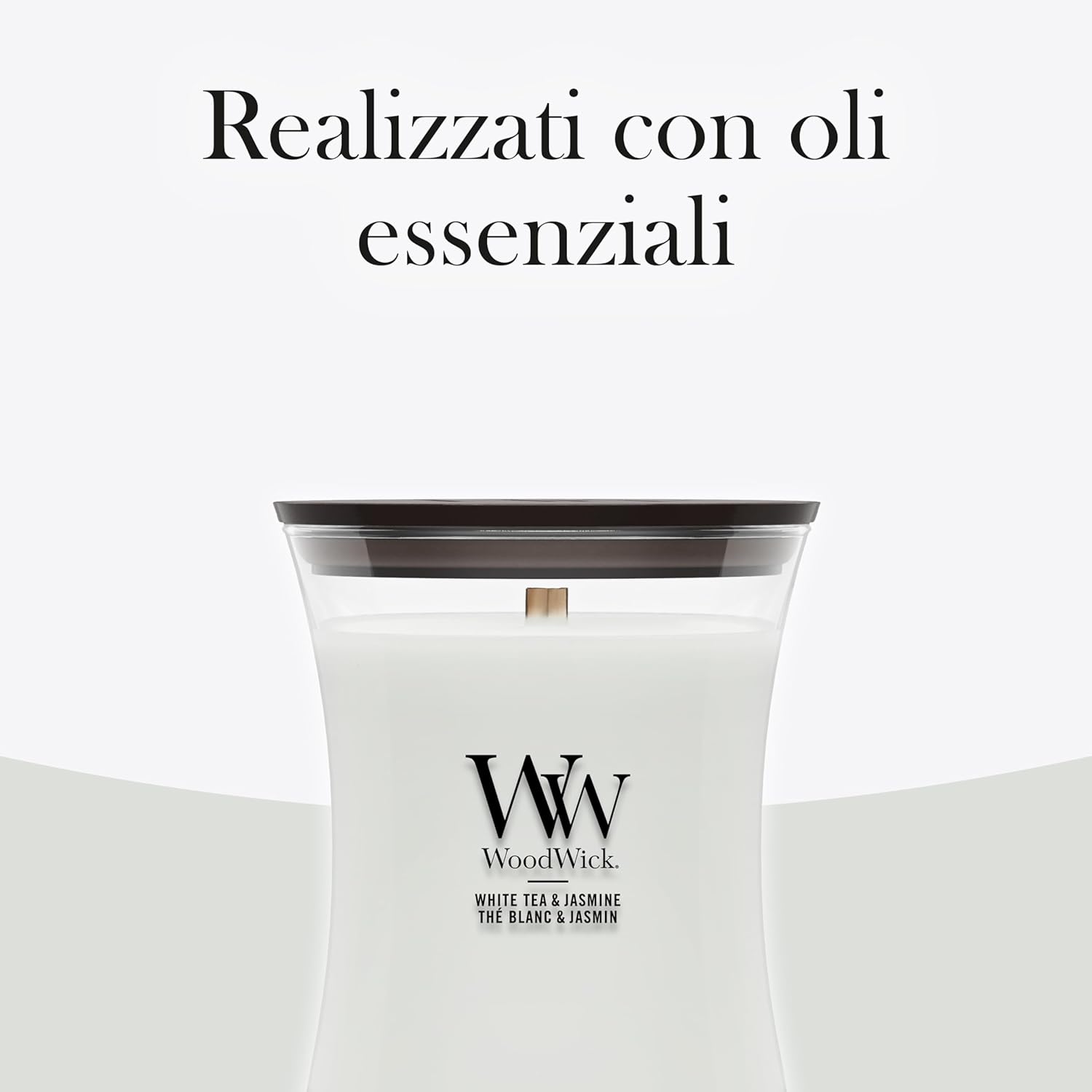 Detalle de WoodWick Candela profumata Hourglass media White Tea & Jasmine con stoppino crepitante