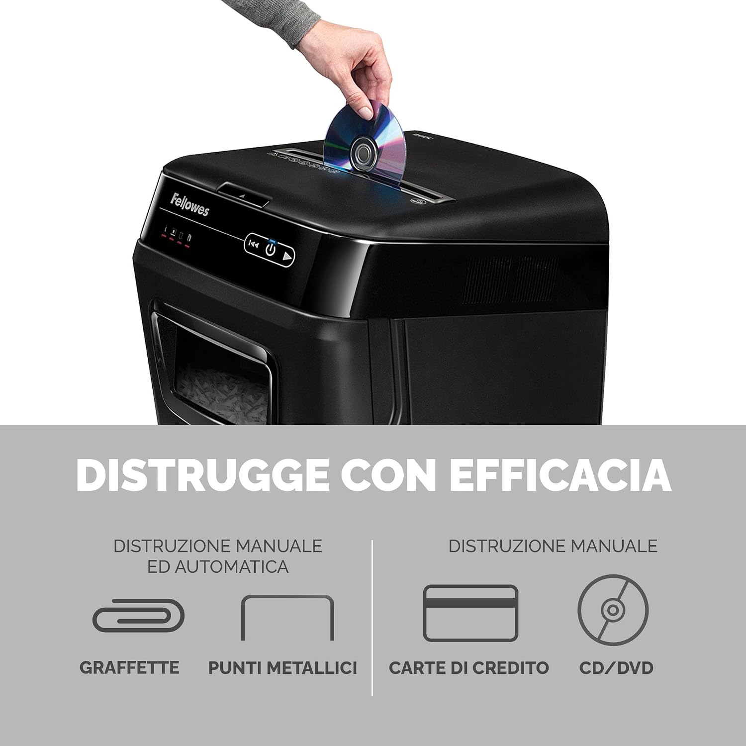 Detalle 2 de Fellowes Distruggi Documenti Automatico a Frammento 200C: 200 fogli, Ultra Silenzioso per Piccolo Ufficio
