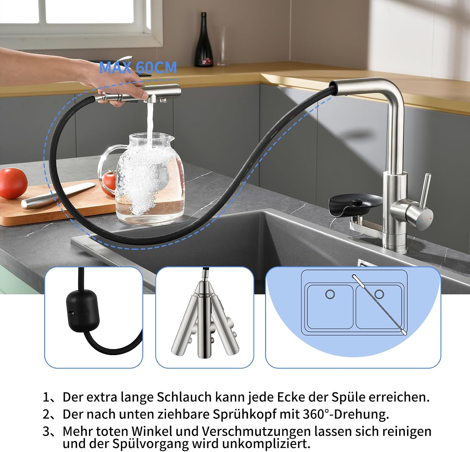 Detalle 2 de LakeBayMZC MZC-YN-S3049-5J – trójdrożna bateria kuchenna 304 z wyciąganą wylewką