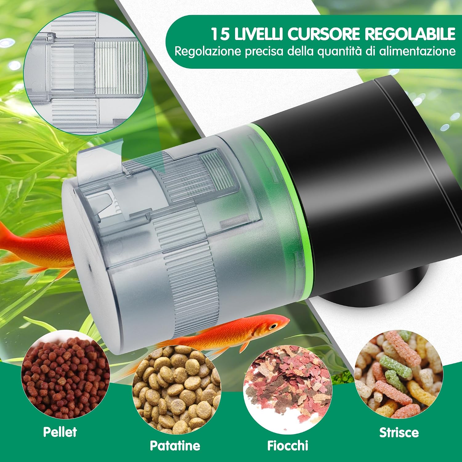 Detalle 2 de Ycozy Mangiatoia Automatica per Acquario Navi-EVS – Alimentatore Mangiatoia USB Ricaricabile per Pesci, 600 L