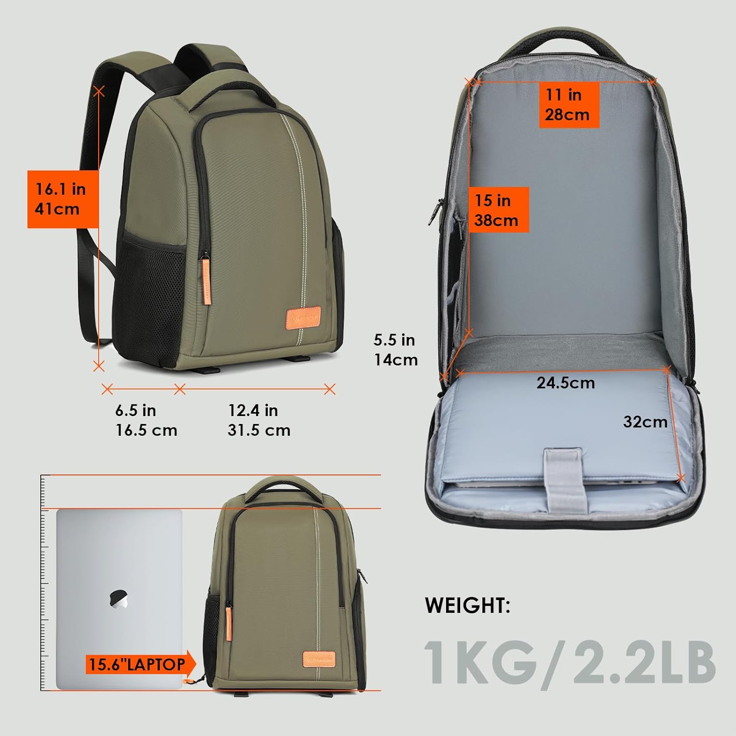 Detalle de TARION 15L Waterproof Camera Backpack – 15.6" Laptop Compartment, Side Access & Tripod Holder