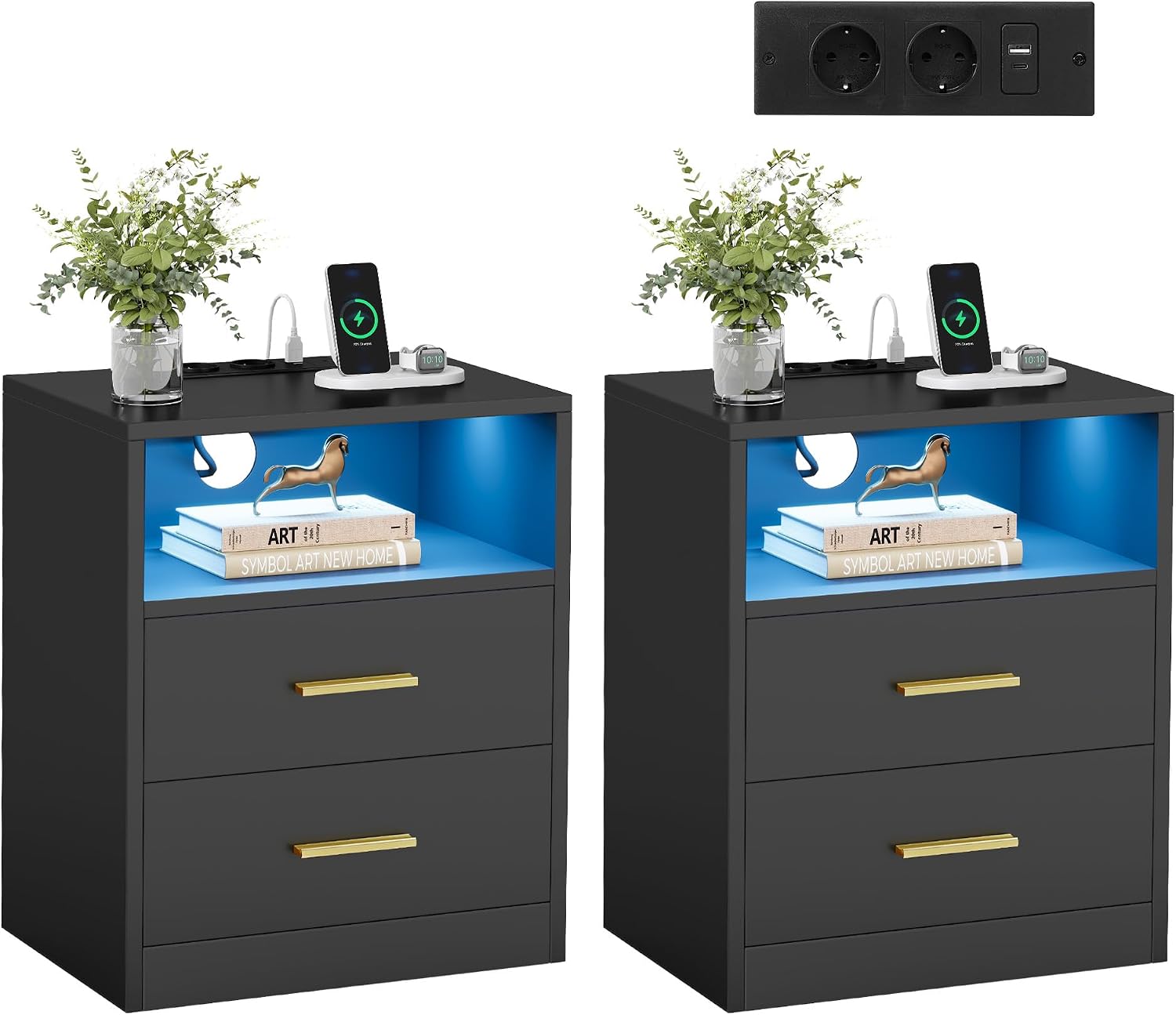 Detalle de VASAGLE LET829BC01 Custos sängbord, 2-pack med LED och uttag, bläcksvart