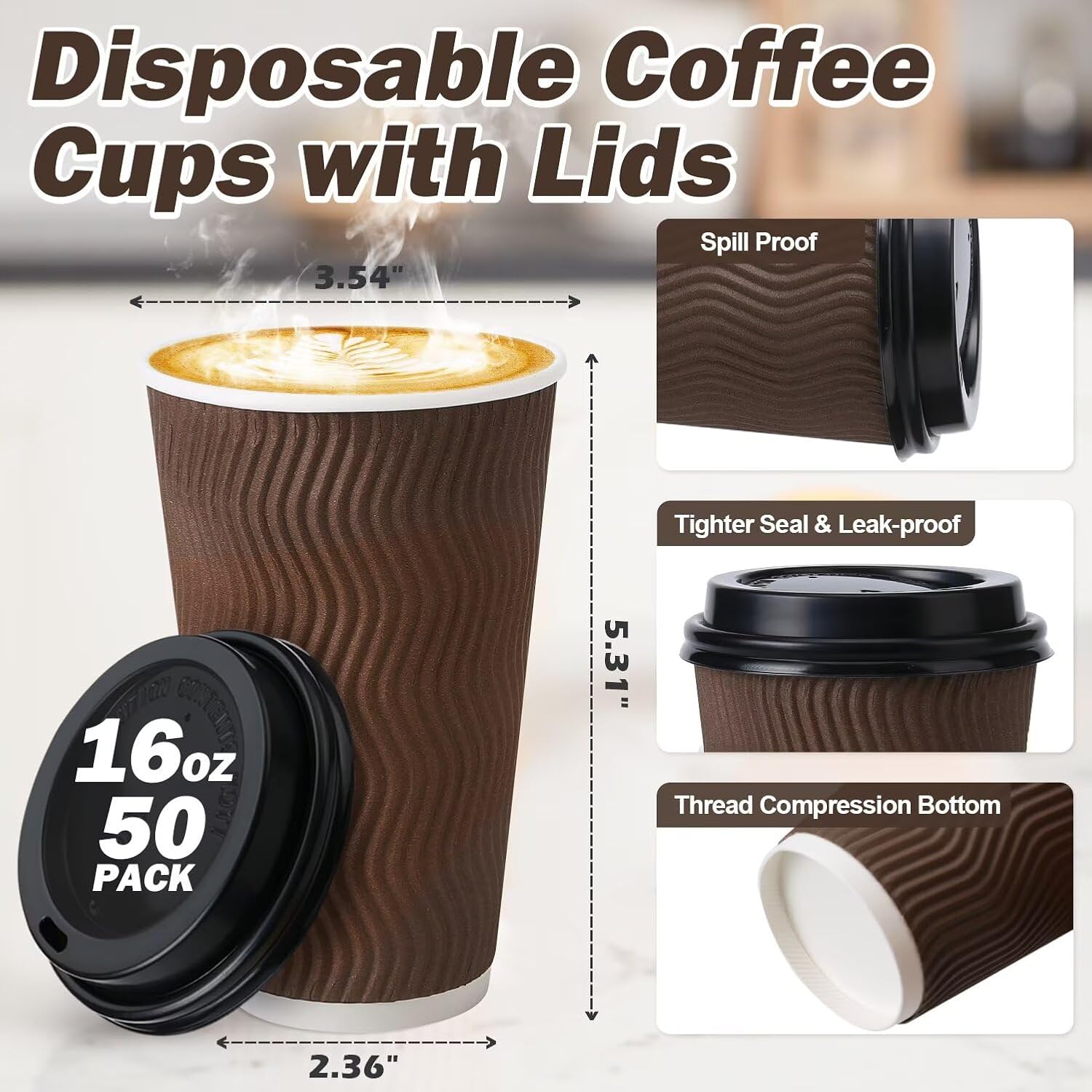 Detalle 2 de Huifany 16 oz Coffee Cups with Lids (50 Pack) — Insulated, Leak-Resistant, Disposable