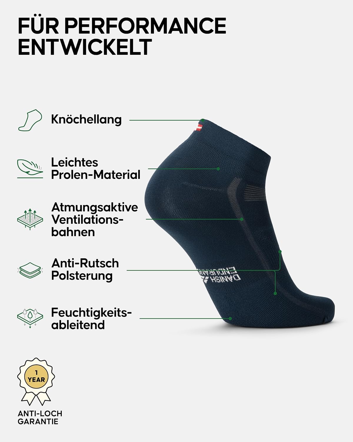 Detalle de DANISH ENDURANCE Kurze Fahrradsocken – Gepolsterte Low-Cut Socken für Sommerfahrten (3 Paar)