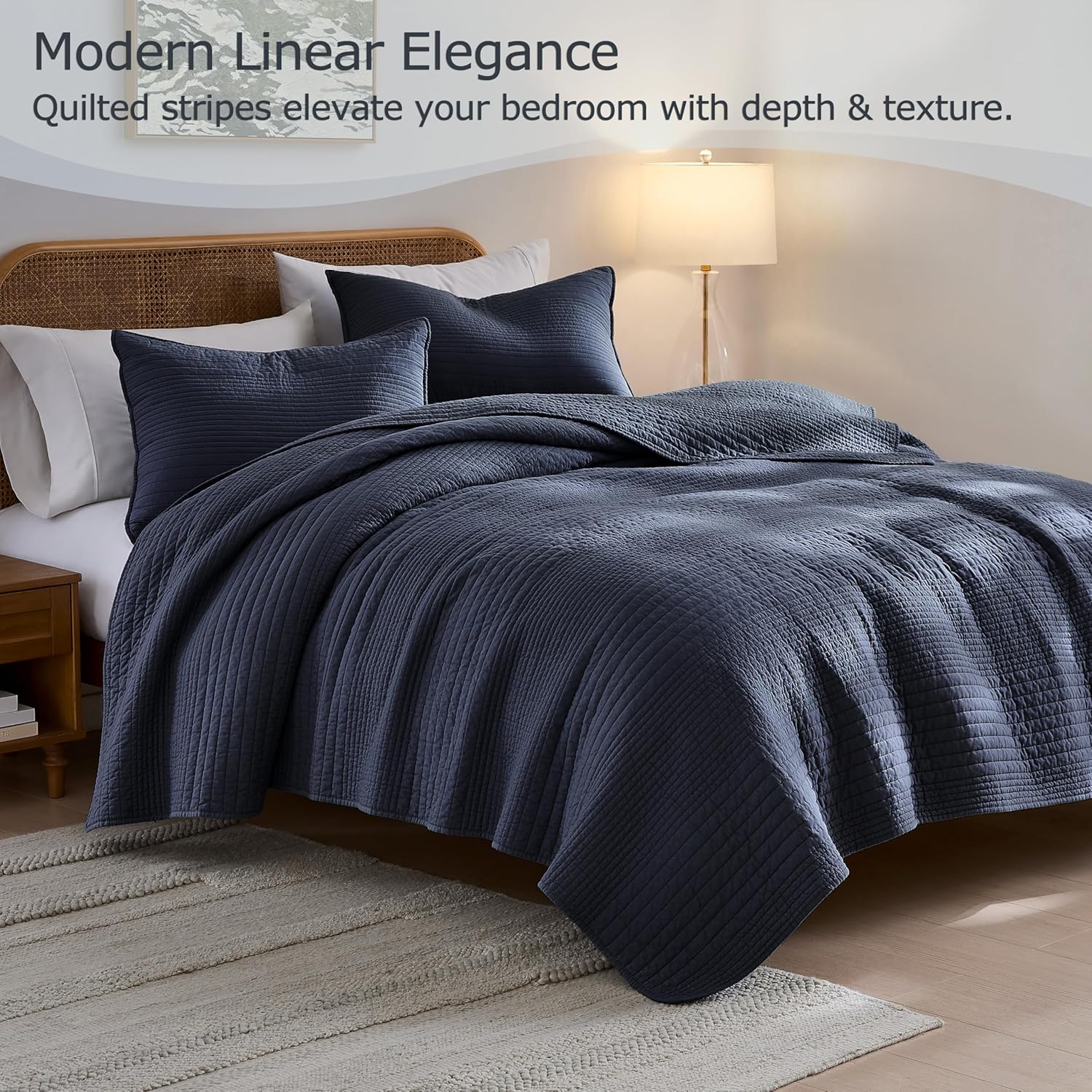 Detalle 2 de palassio Queen Striped Channel Quilt Set, 100% Cotton, Navy Blue