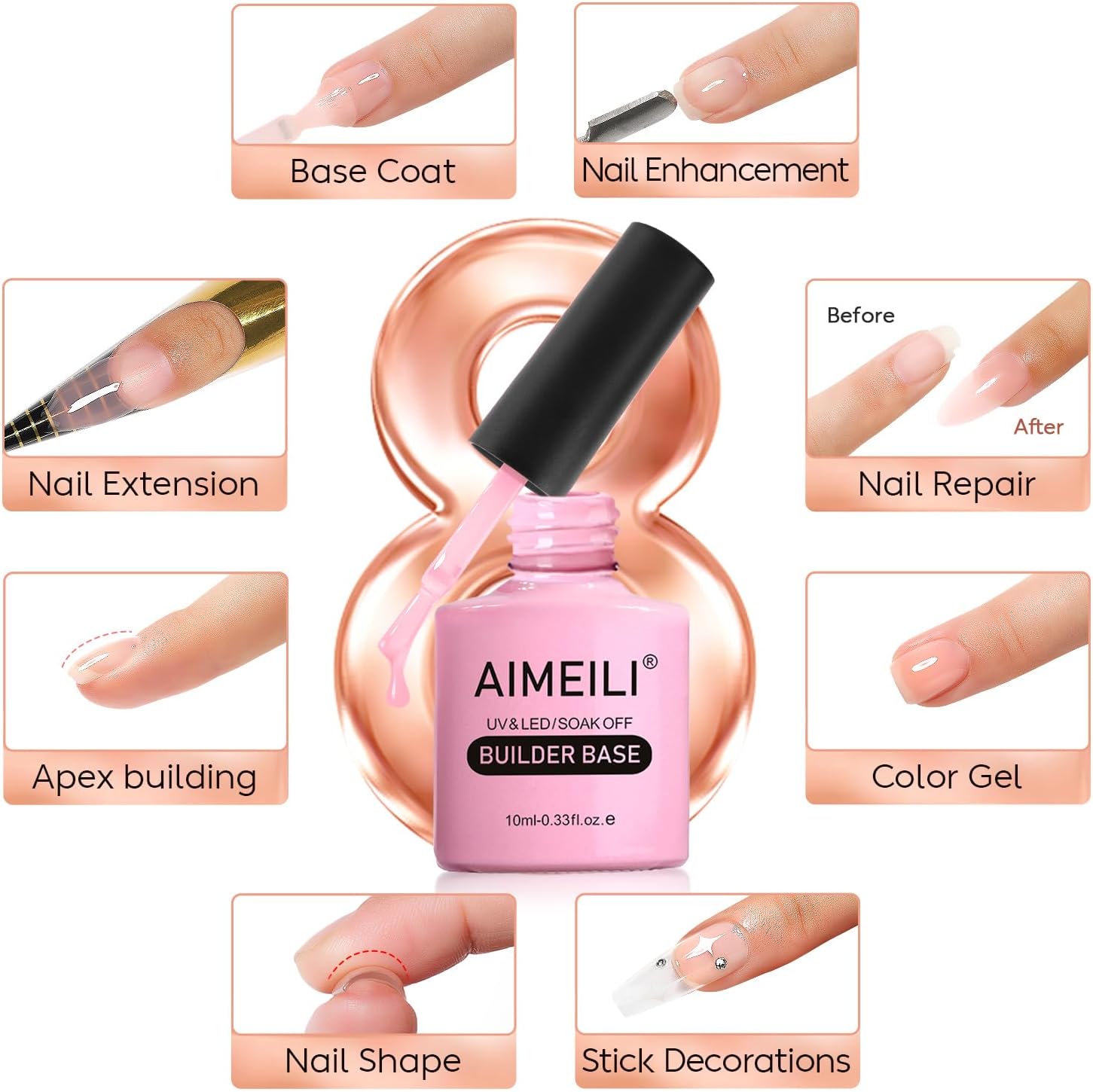 Detalle de AIMEILI 7 in 1 Clear Builder Base Gel: base gel 10 ml + no wipe top coat per unghie, UV/LED