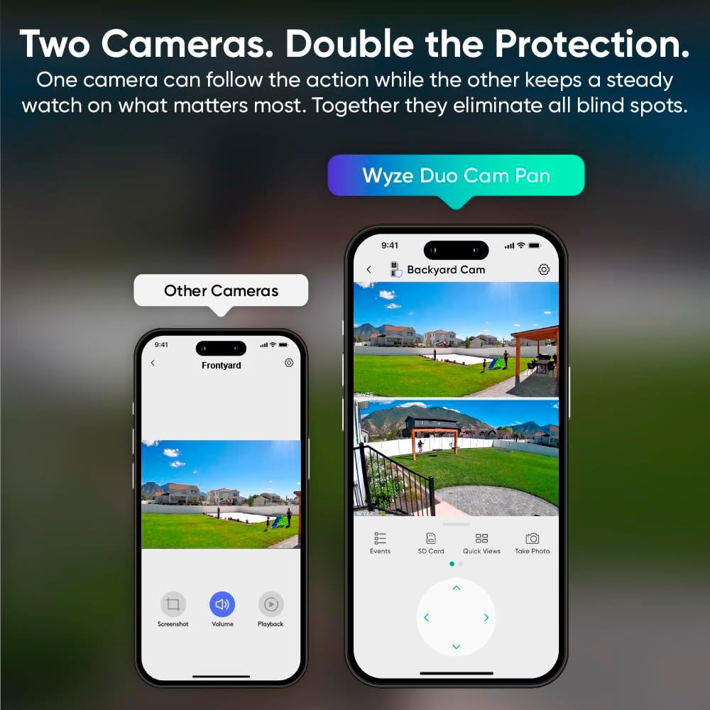 Detalle de WYZE Duo Cam Pan Indoor/Outdoor IP65 2K 360° Pan/Tilt Smart Security Camera (2-Cam System) with Color Night Vision