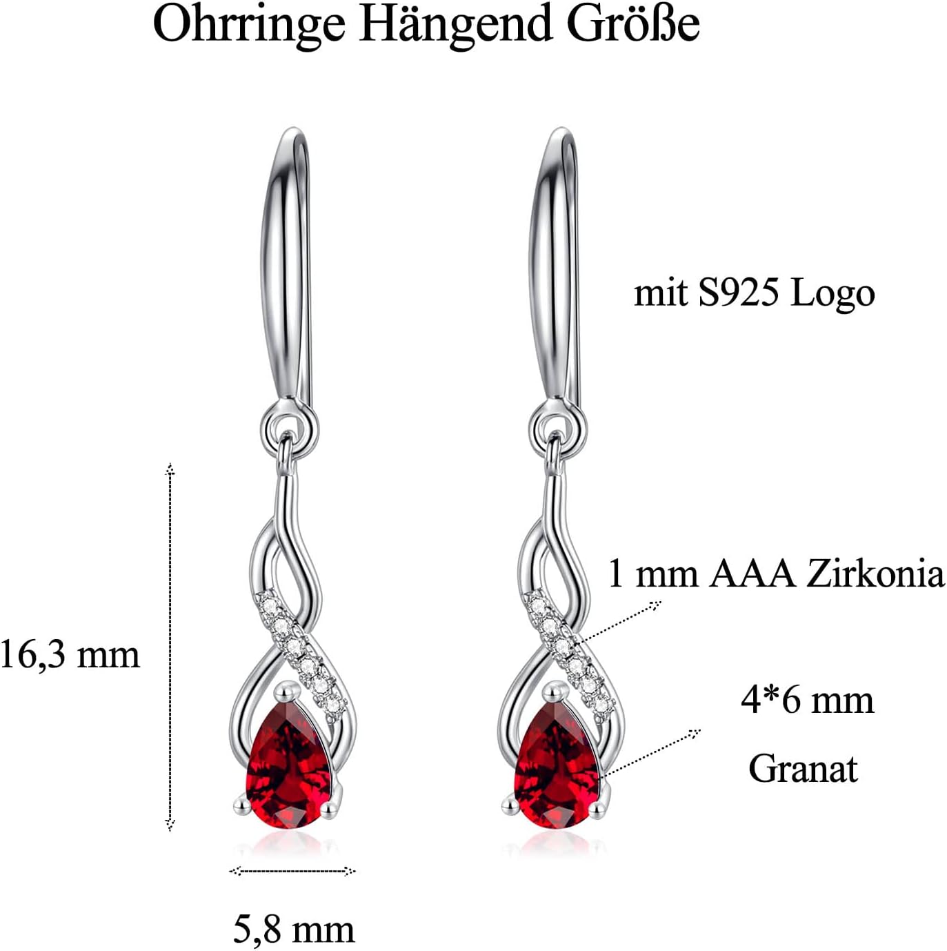 Detalle 2 de WOVEE Hängende Ohrringe aus Sterling Silber 925 mit Zirkonia und Granat