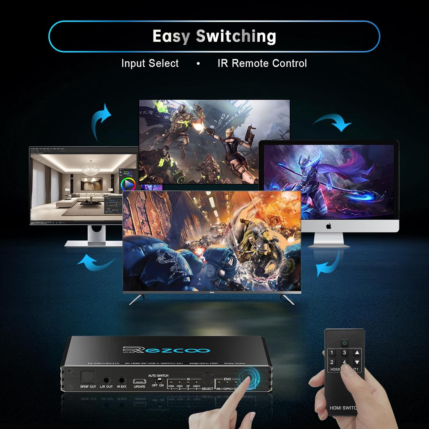 Thumbnail 6 de Commutateur HDMI 2.1 4K 120 Hz 4x1 avec USB-C DP1.4 et extracteur audio optique/3,5 mm (VRR, ALLM, HDCP 2.3) pour PS5 et Xbox