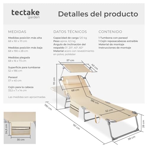 Detalle de tectake Tumbona de jardín exterior plegable con reposacabezas y parasol (6 posiciones) en beige