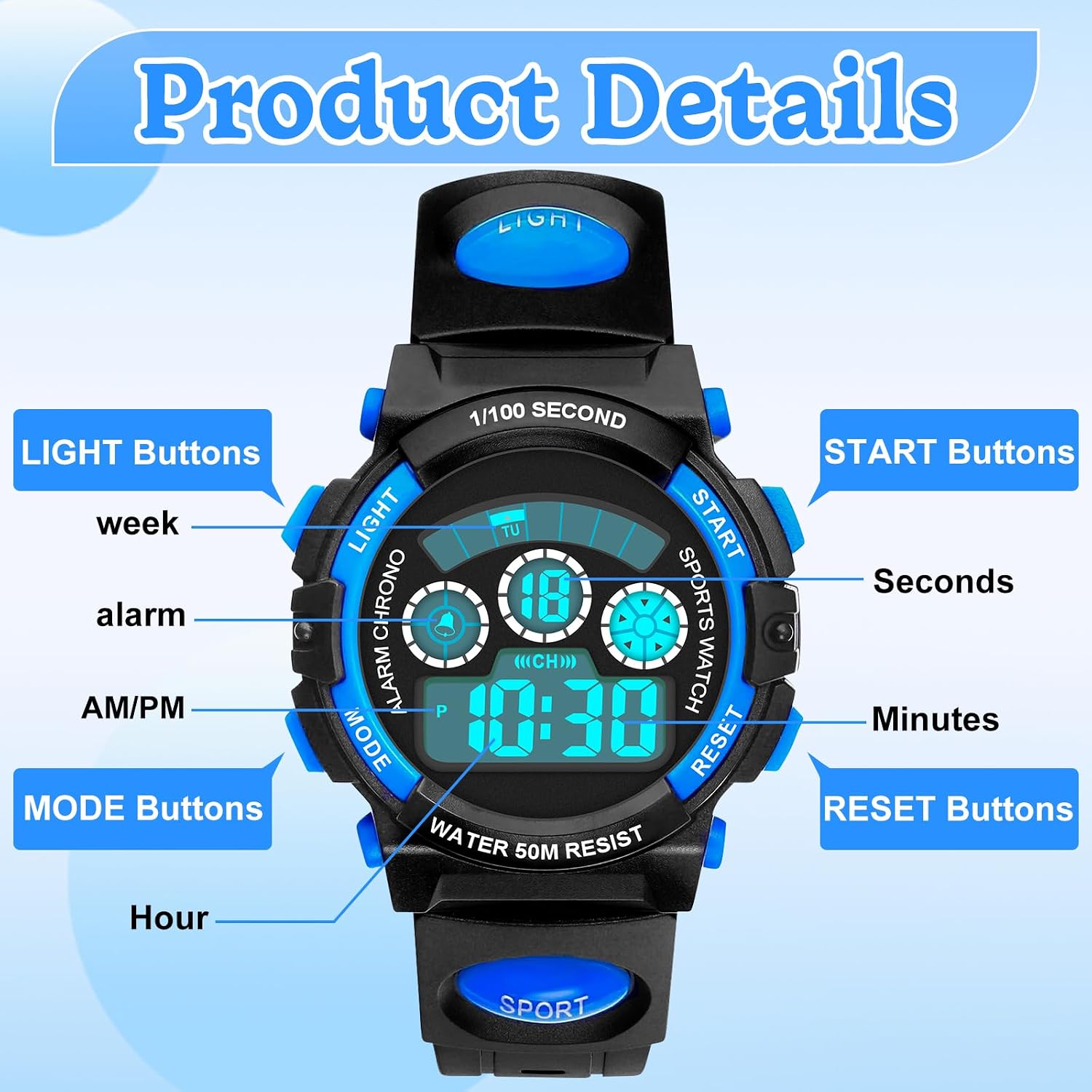 Thumbnail 4 de DTKID Montre Digitale pour Enfants et Ado — 7 couleurs LED, 5ATM, Chronomètre et Alarme