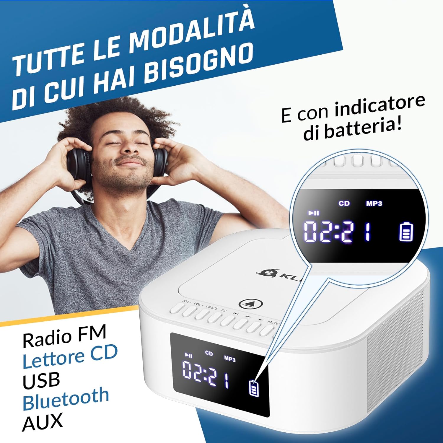 Detalle de KLIM Lettore CD Stereo Boombox E1 - BASS Boost con Subwoofer, Bluetooth, USB e Lettore CD