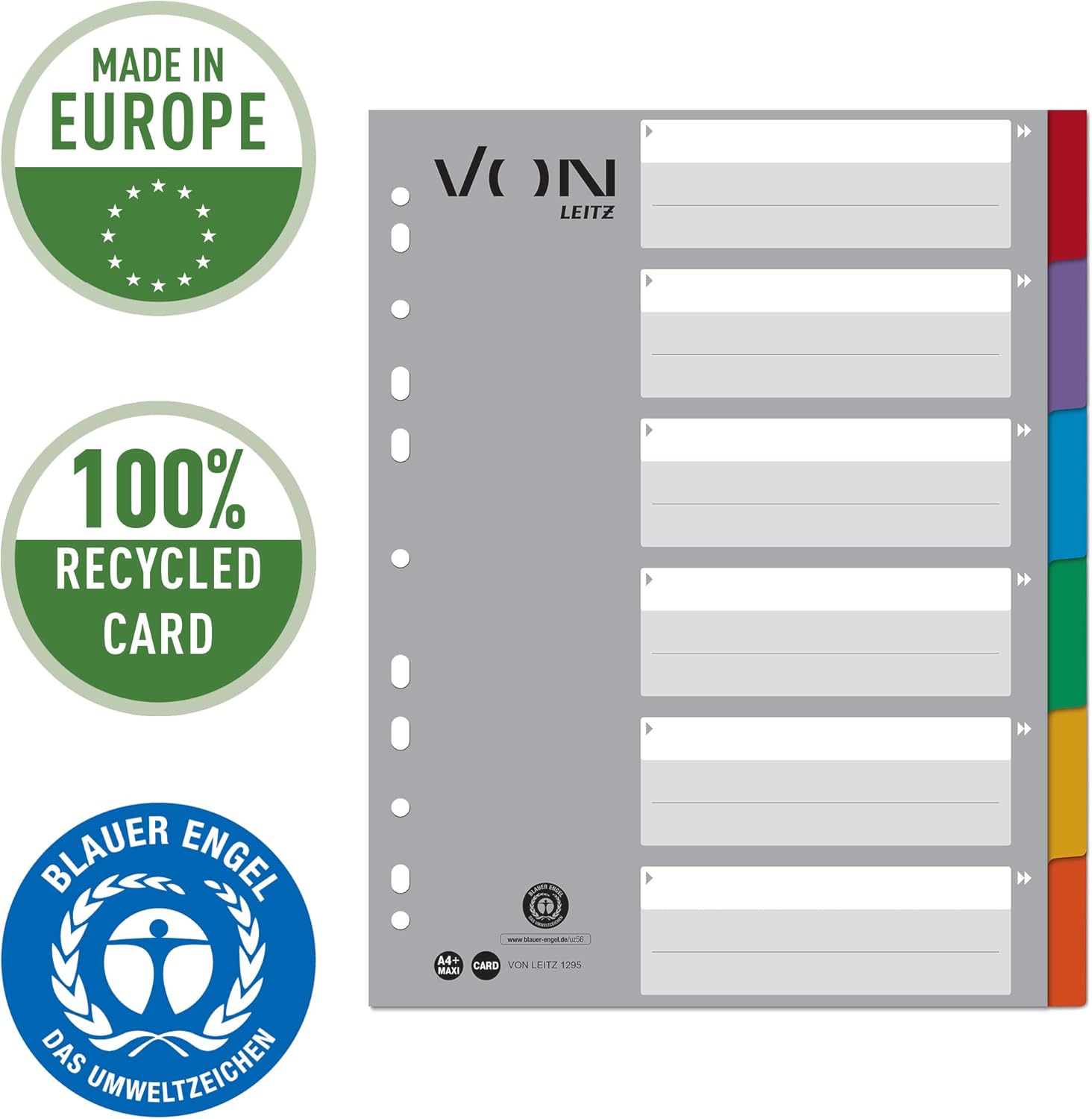 Detalle de VON LEITZ Register A4 – 10er Pack, 6-teilig, extra breit, 11-Loch Universalregister, 100% Recycling-Karton, Mehrfarbig (12950000)