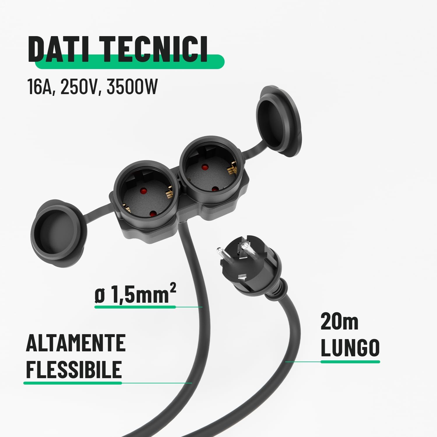 Detalle 2 de Greate 2x Prolunga elettrica da 20 m con 2 prese IP44 – Spina Shuko 3500W