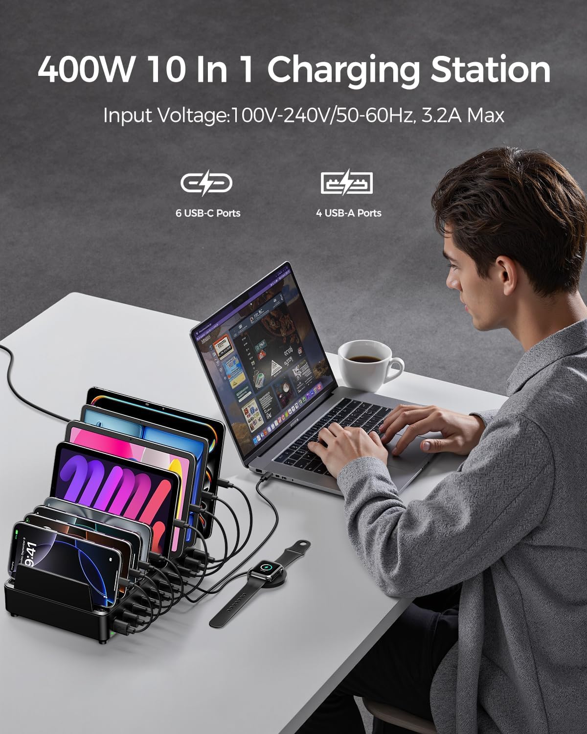 Thumbnail 2 de Rocoren 400W 10-Port USB Charging Station (GaN PD 100W, 6× USB-C + 4× USB-A) for MacBook, iPad and more
