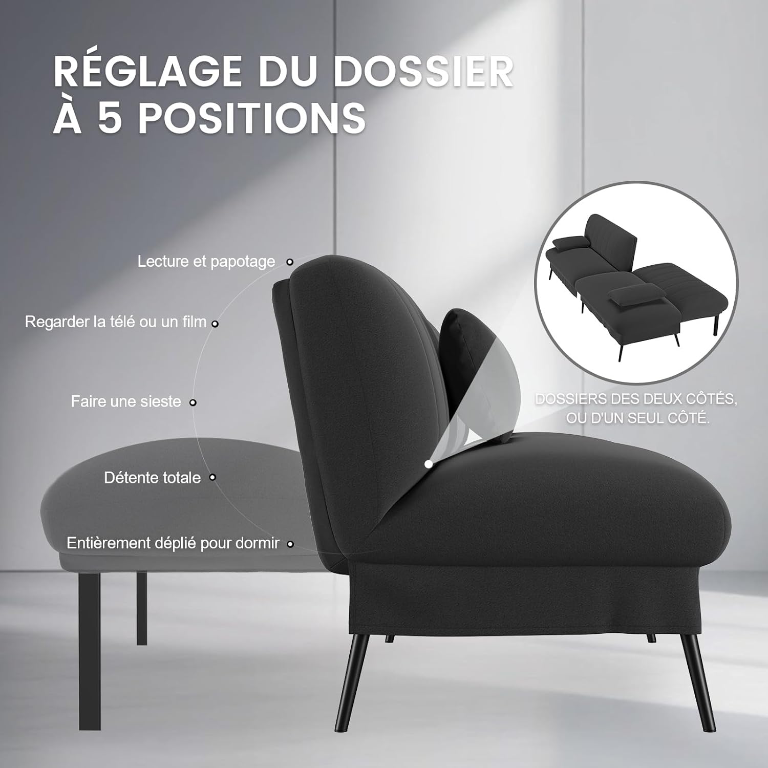 Detalle de COMHOMA Canapé Convertible 3 Places – Canapé-lit 2 en 1, dossier réglable 5 positions, velours coton noir