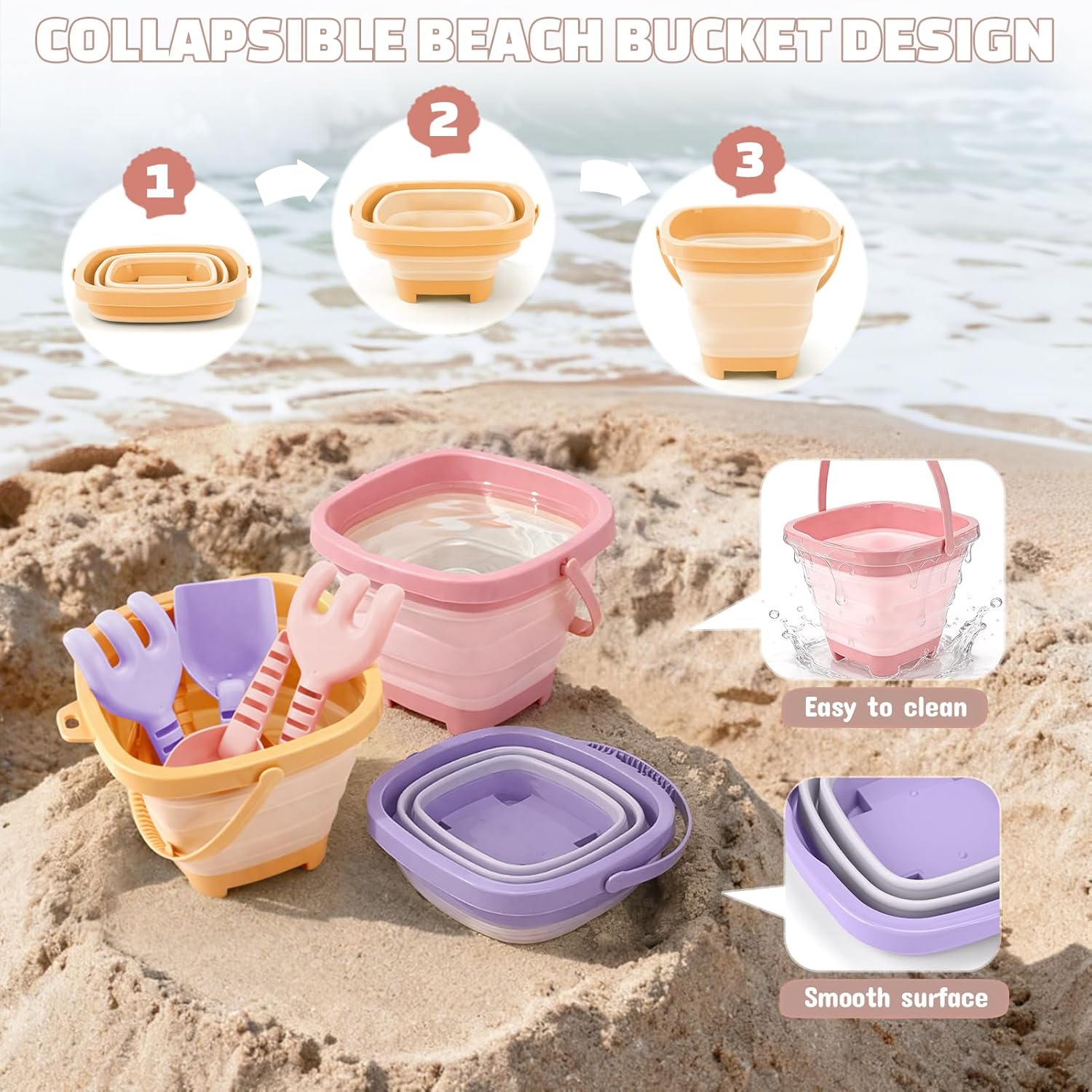 Detalle 2 de Dreamon Sandspielzeug Strandset, 18-tlg. inkl. faltbarem Eimer – für Kinder ab 3 Jahren