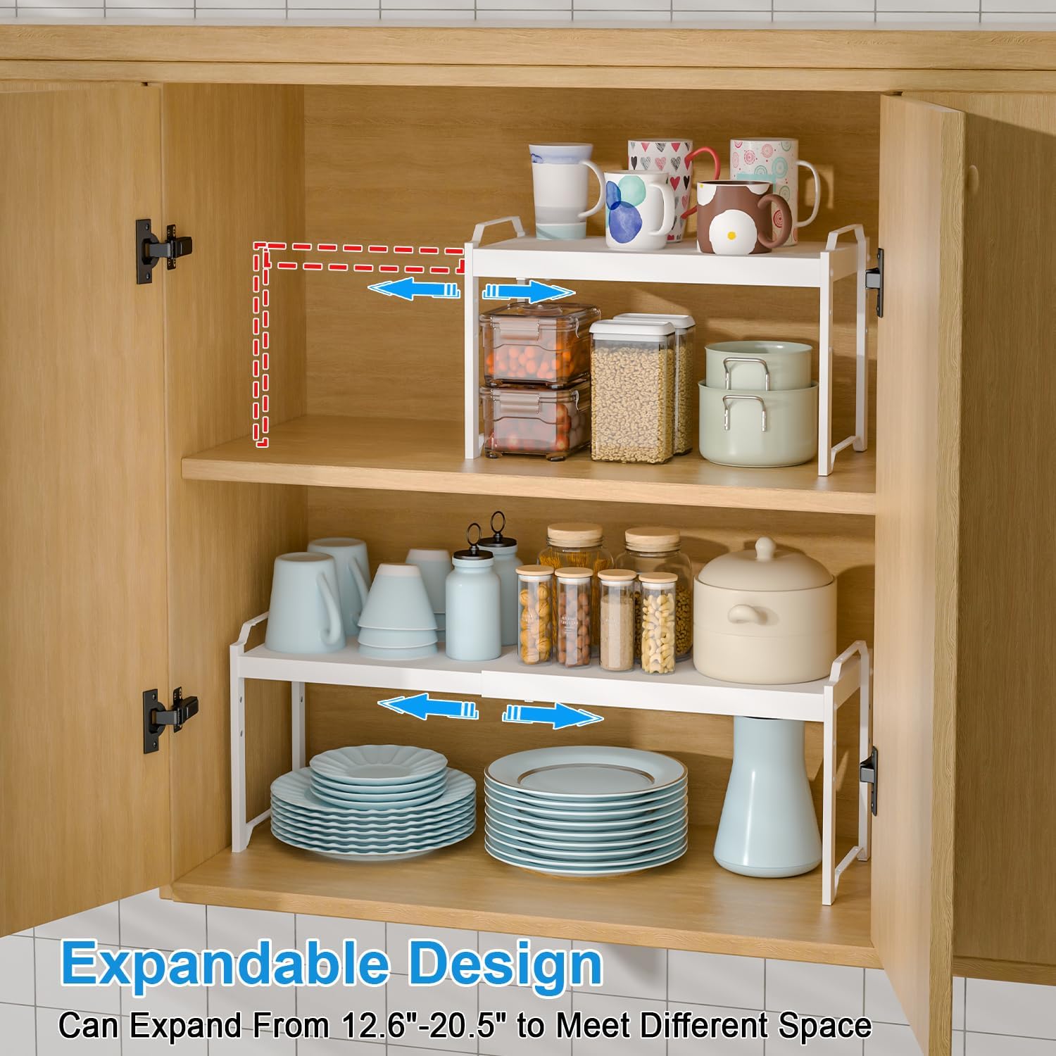 Thumbnail 4 de 2-Pack Expandable Adjustable Kitchen Cabinet Shelves Organizer (Stackable Metal Riser Stand) — 20.5" Length, 22 lbs Capacity