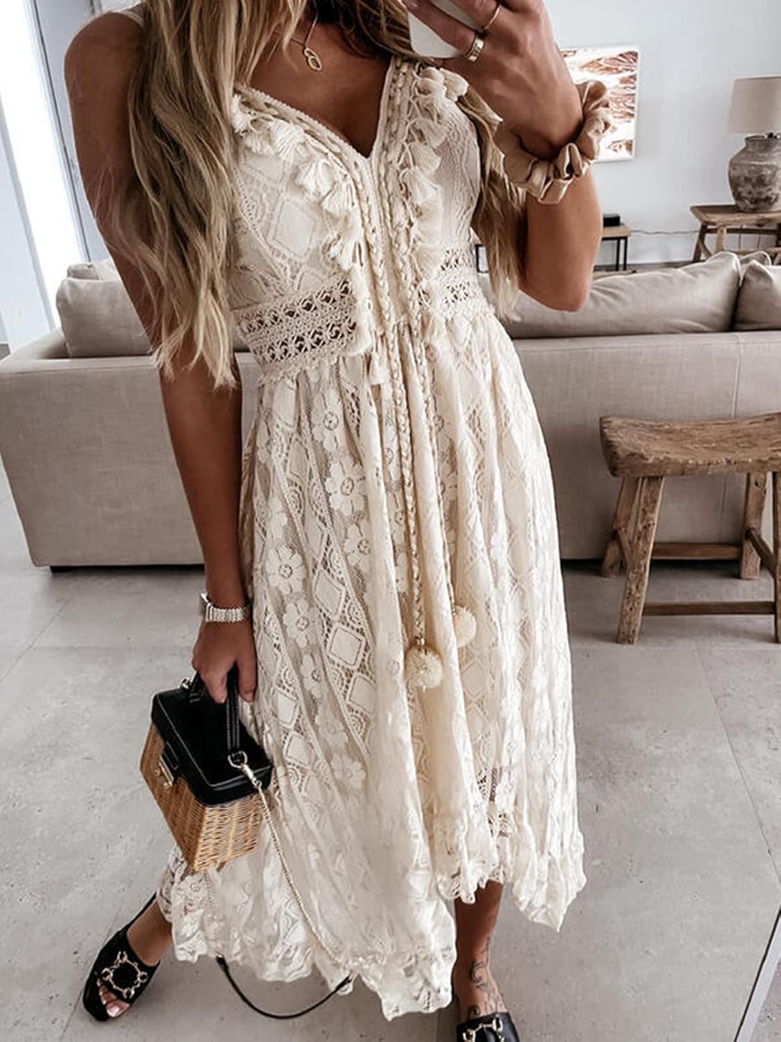 Detalle de Robe d'été bohème Maxi à lacets et pompons – CUPSHE