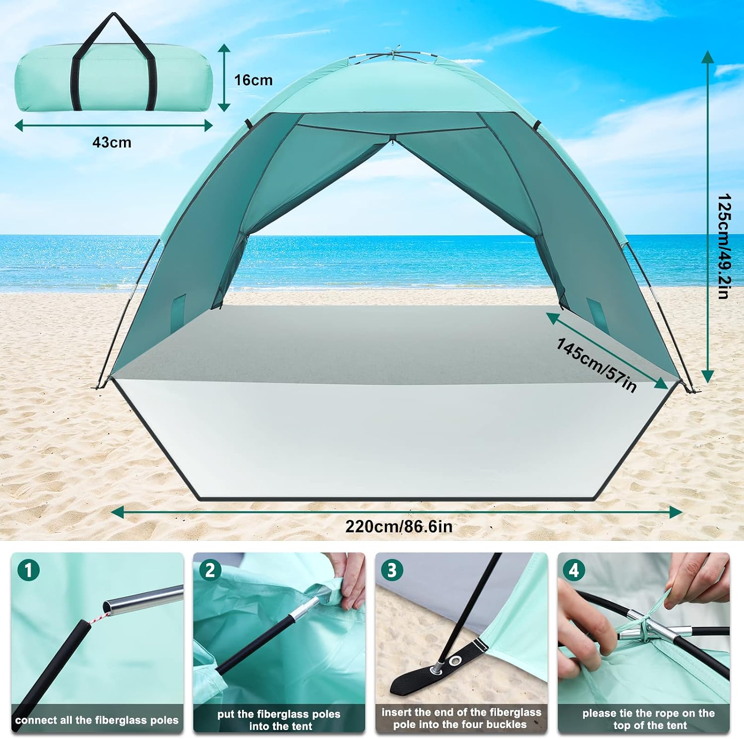 Thumbnail 6 de Beach Tent 3-4 Person Portable UV Shielding Beach Camping Tent with Extended Porch